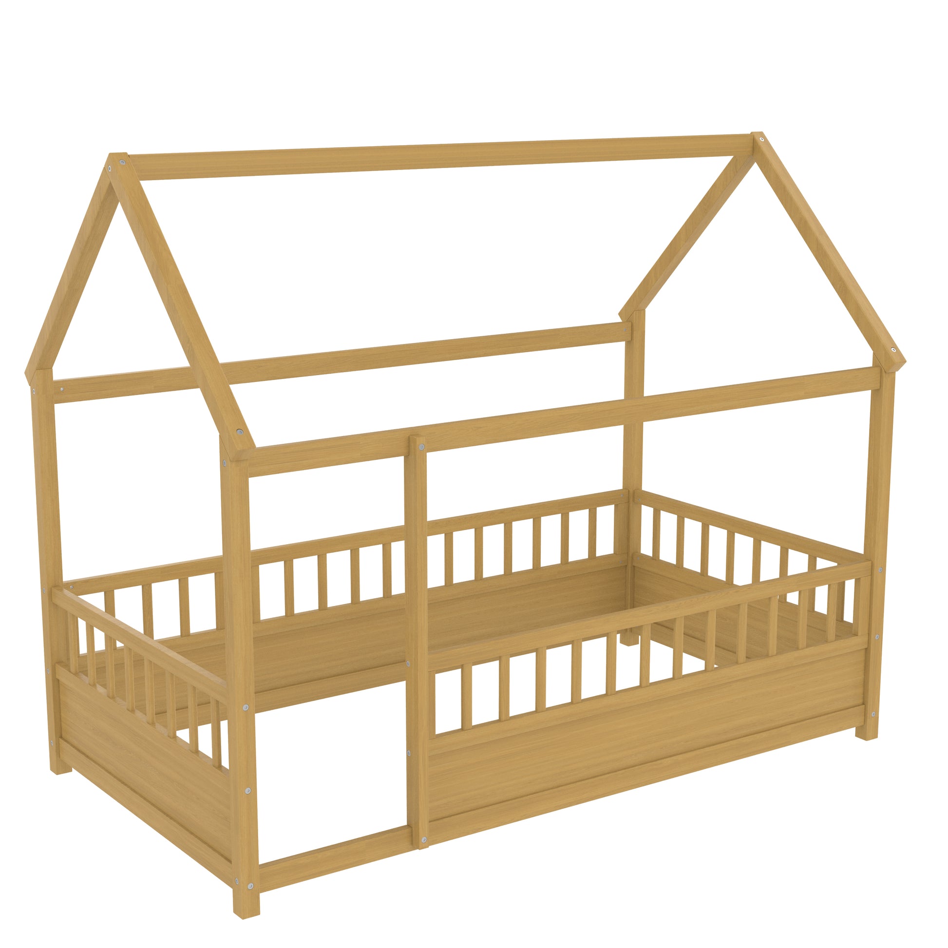 Twin Size Pine House Floor Bed with Safety Rails