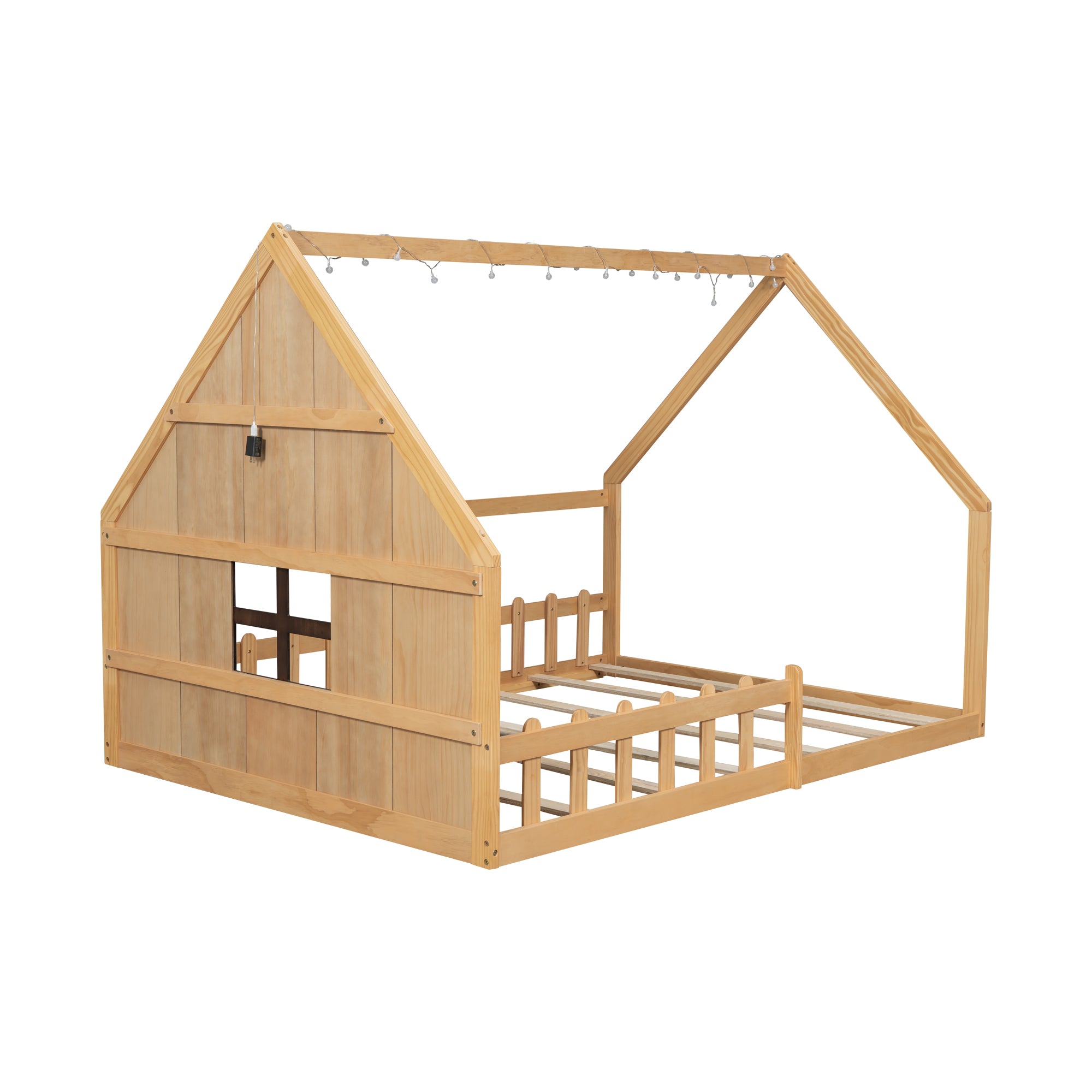 Full Size Wood House Bed with Fence