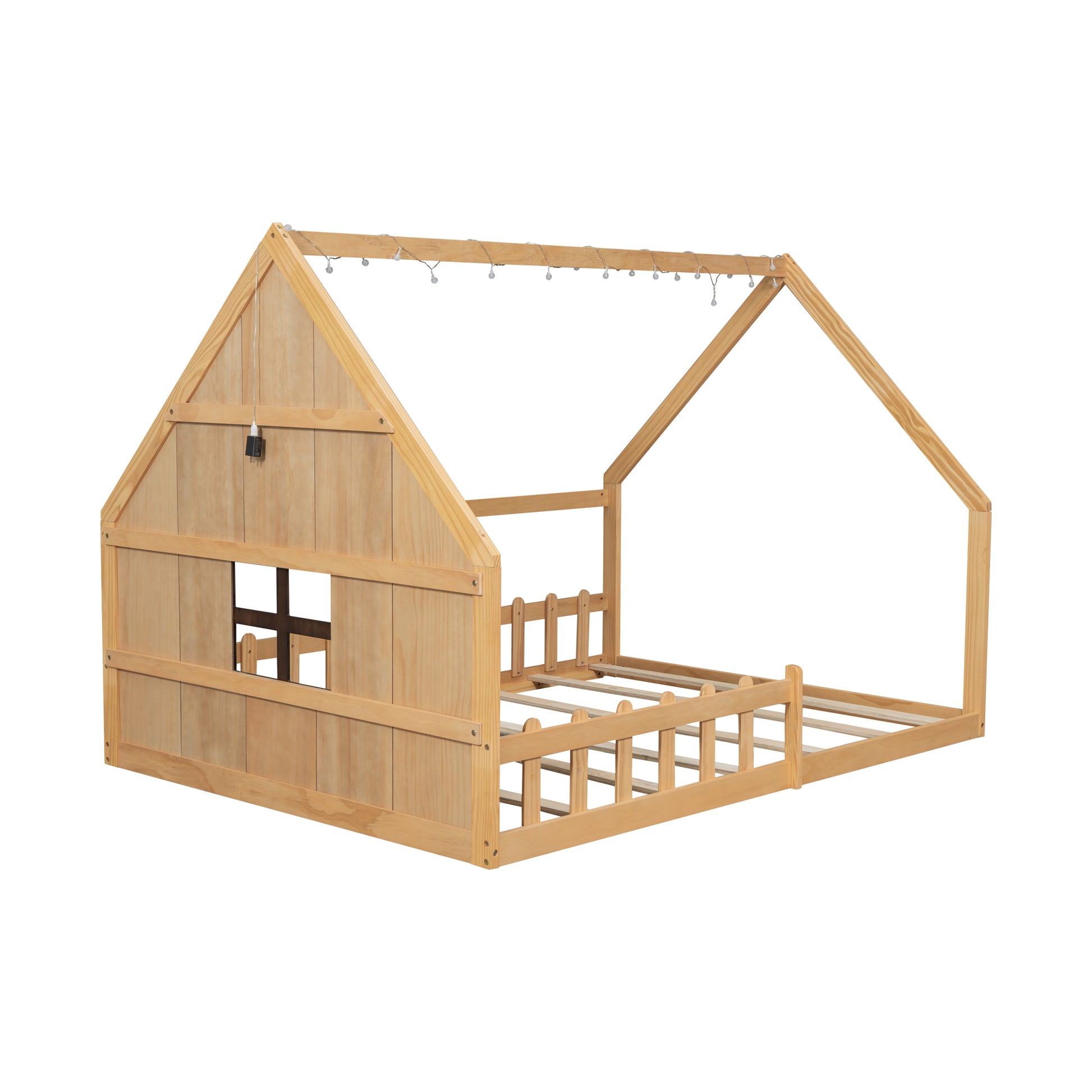Full Size Wood House Bed with Fence