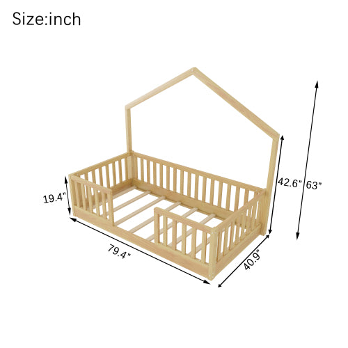 Twin Pine Floor Bed with High Rails and Light