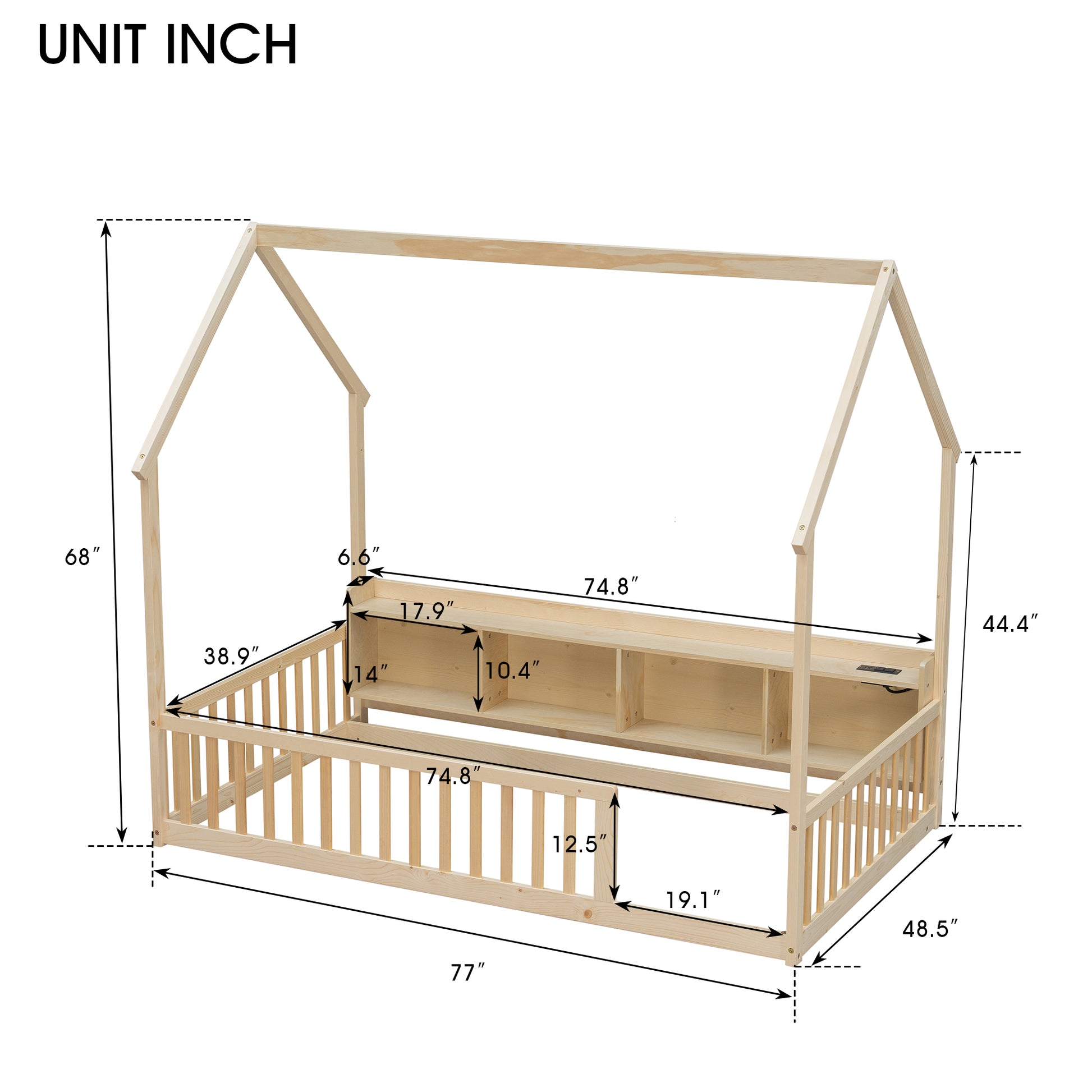 Twin House Floor Bed with Storage, LED Light and Charging