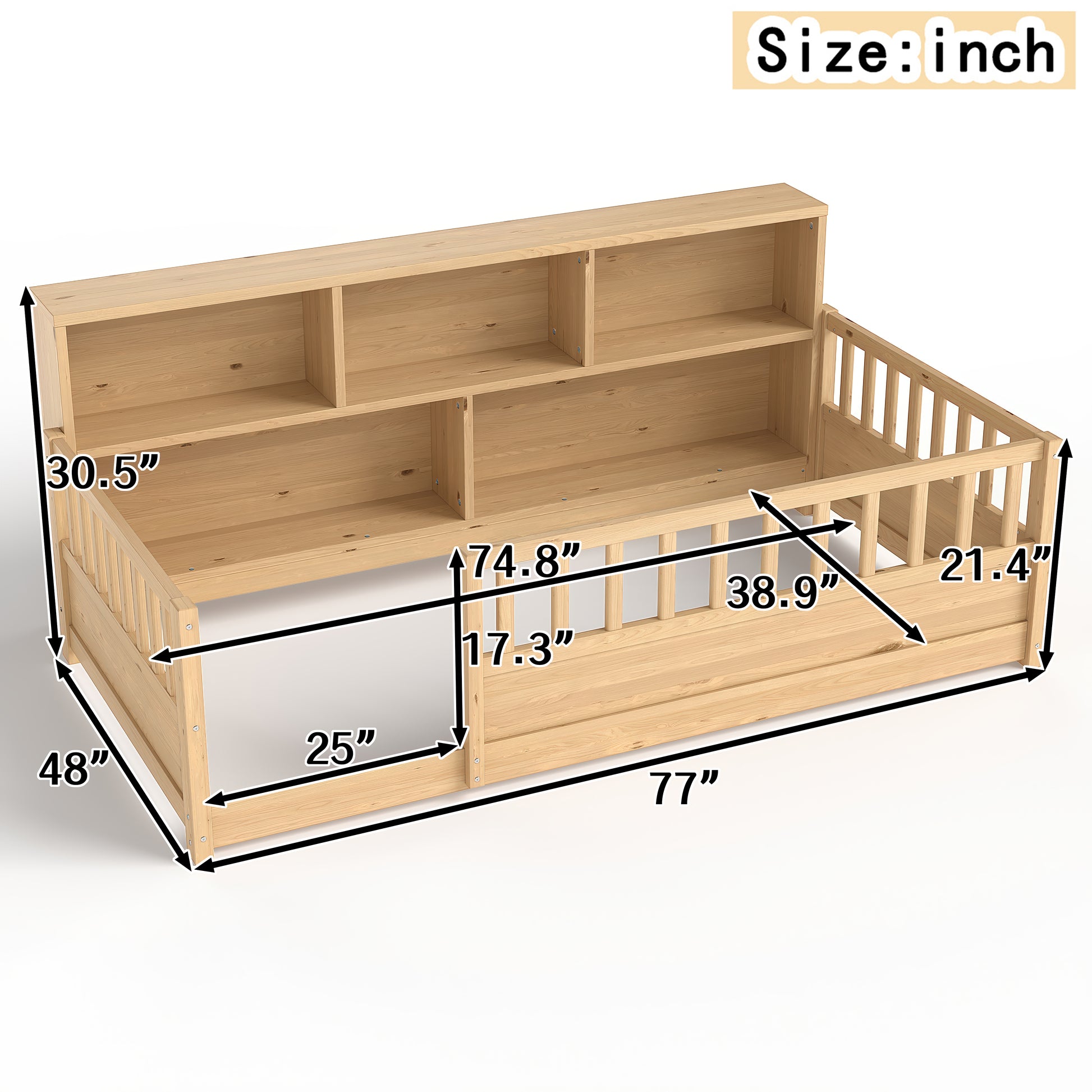 Twin Floor Bed with Bookcase and Safety Rails