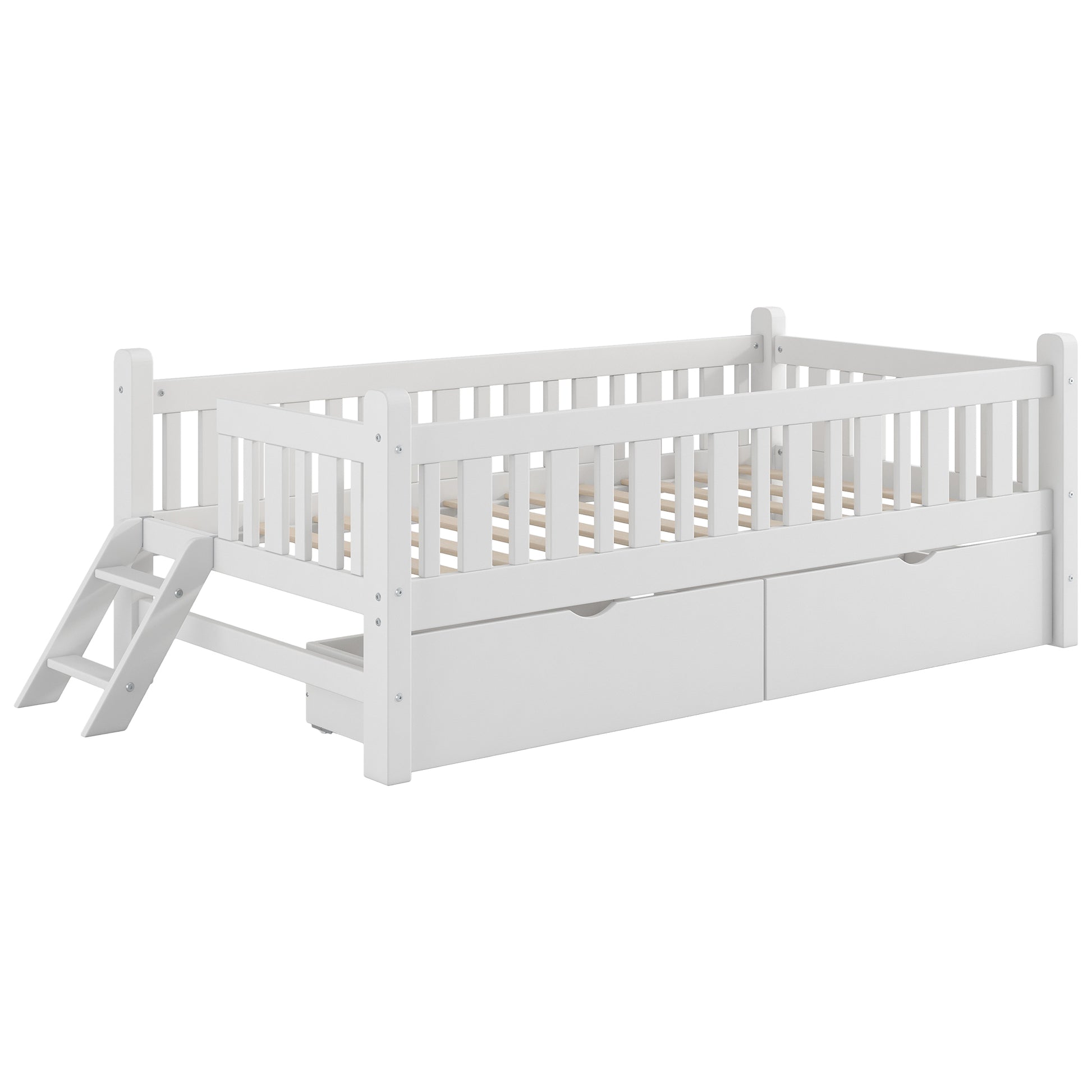 Twin Low Platform Bed with Guardrails and Drawer
