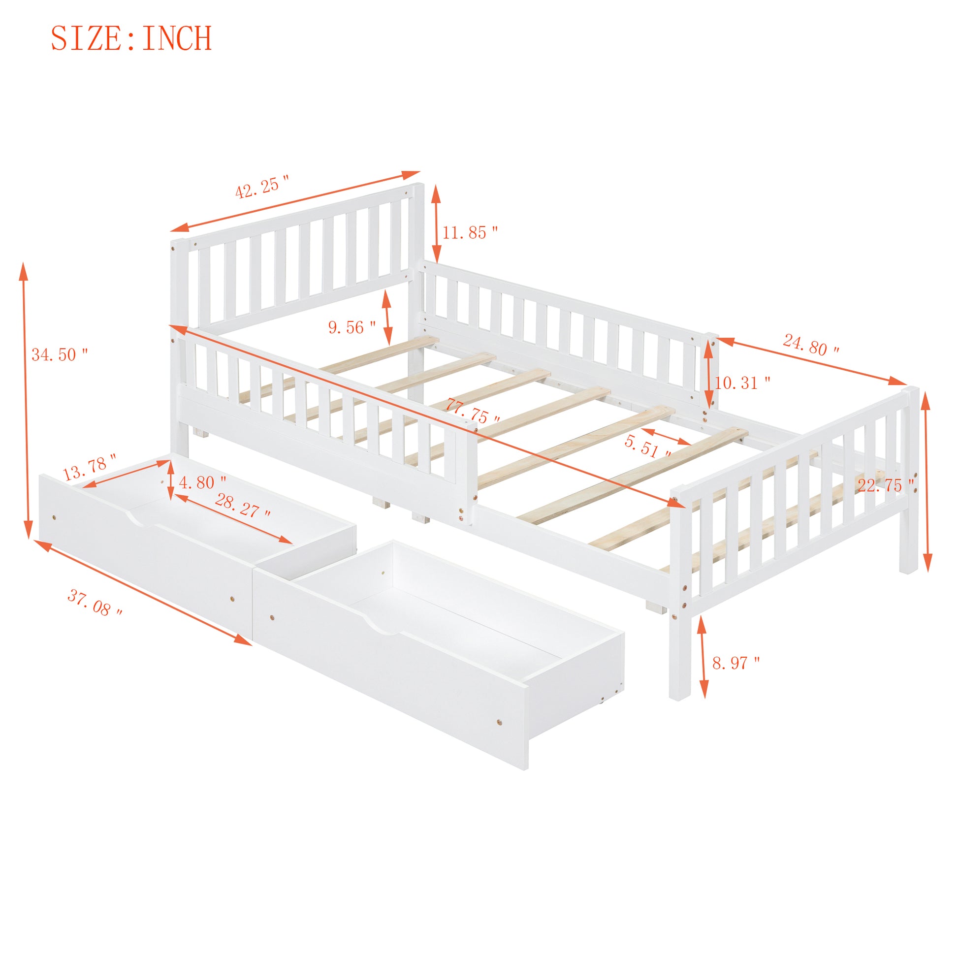 Twin Platform Bed with Guardrails and 2 Storage Drawers