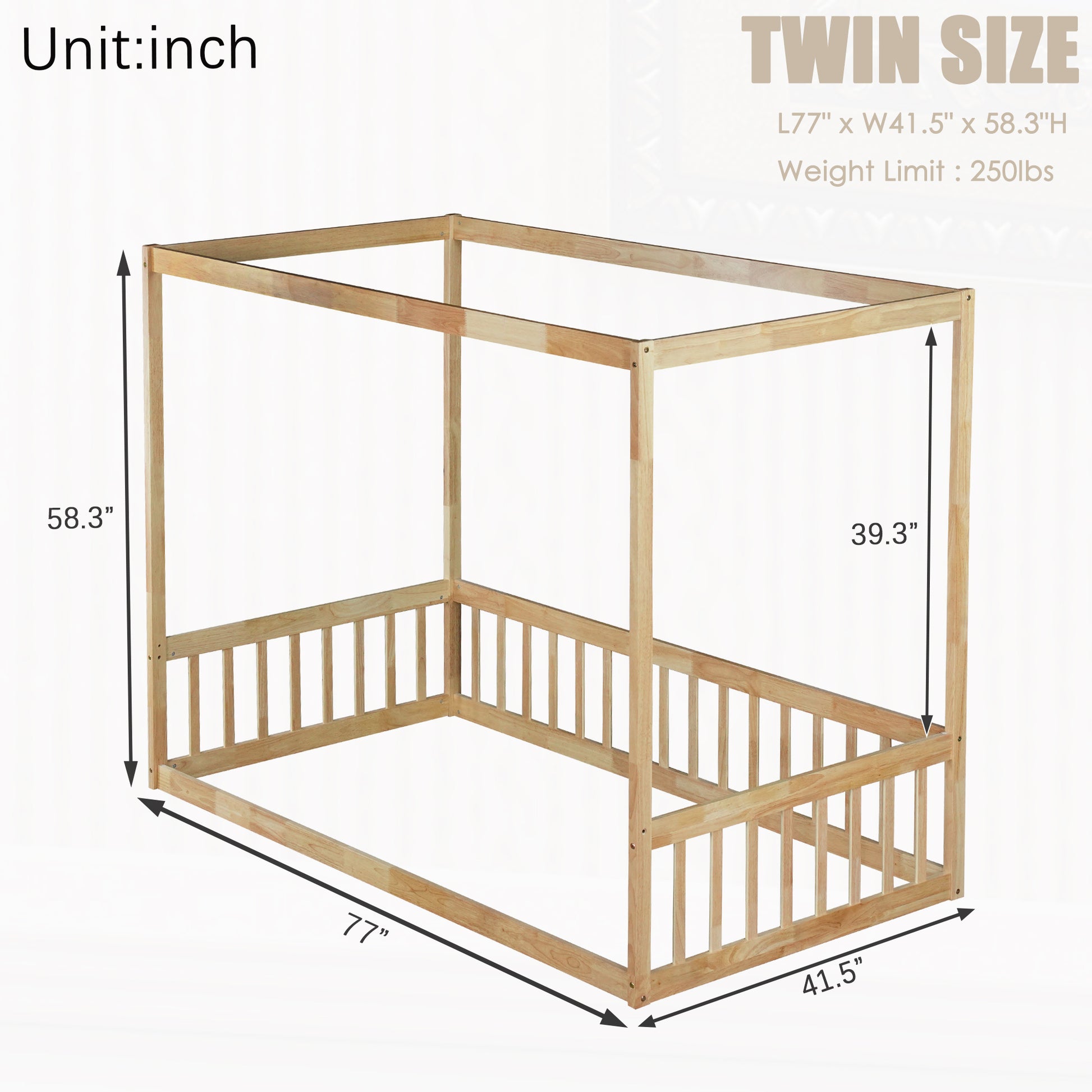Twin Canopy Floor Bed with Fence, Rubber Wood