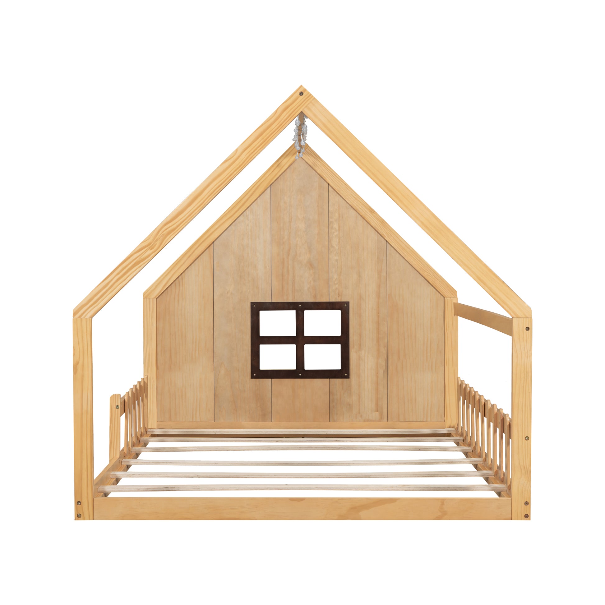 Full Size Wood House Bed with Fence