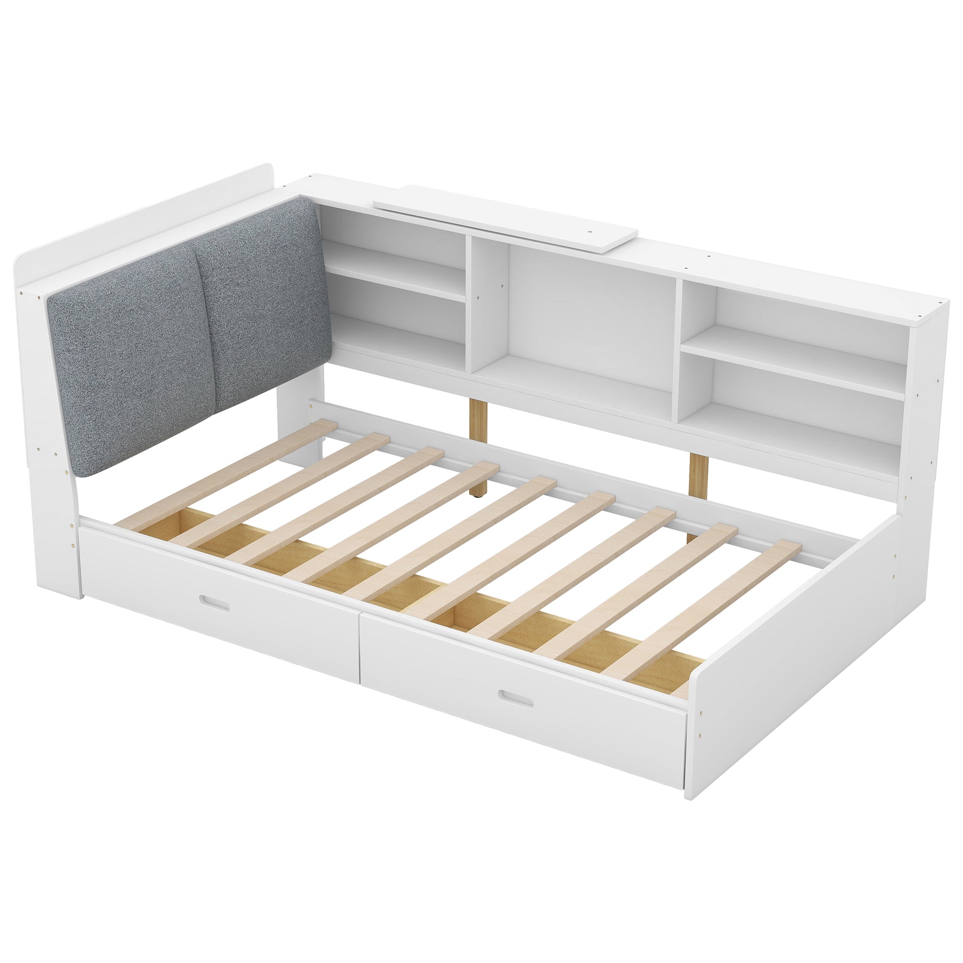 Twin Platform Bed with Bookcase Headboard and Drawer