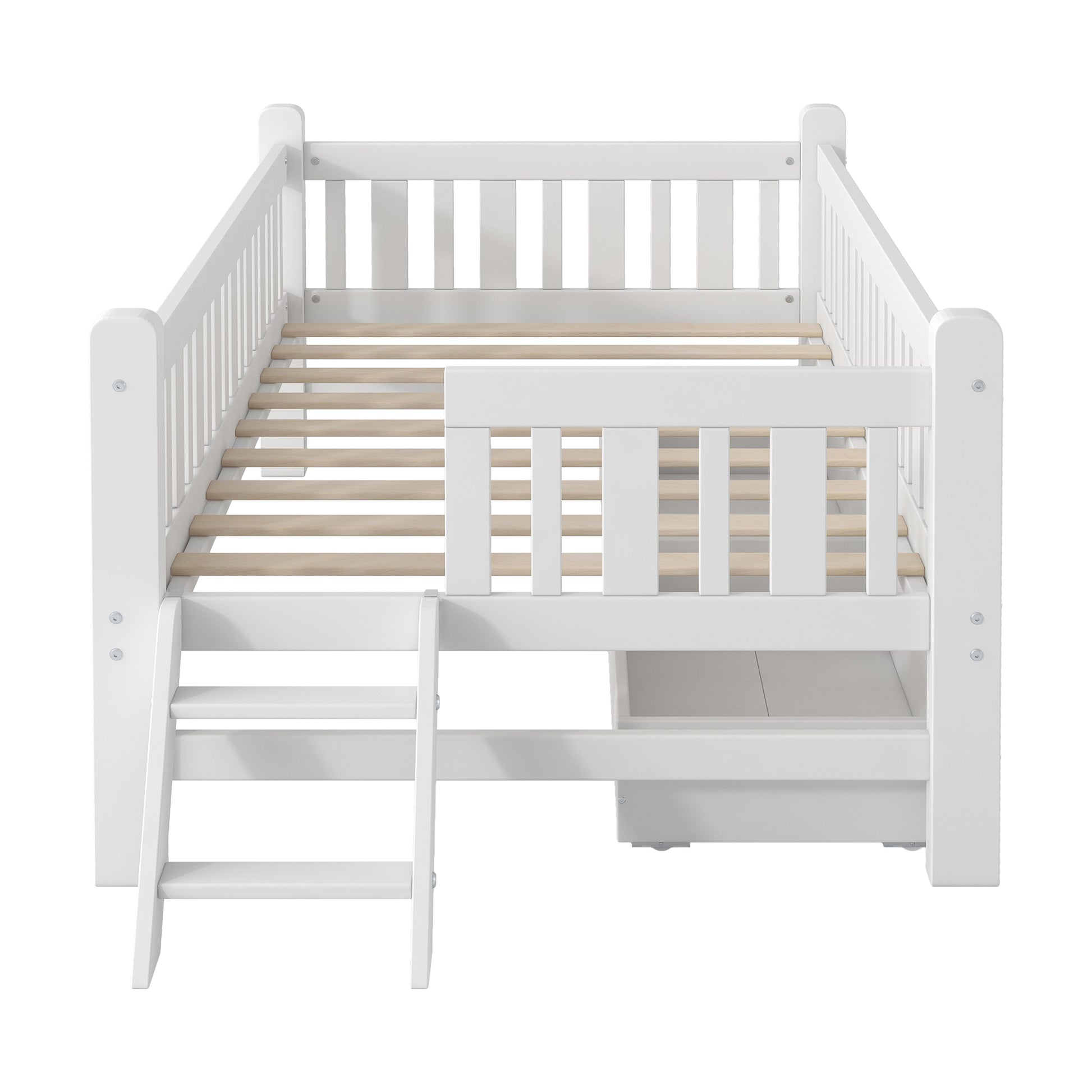 Twin Floor Bed with Full Guardrails and Side Ladder