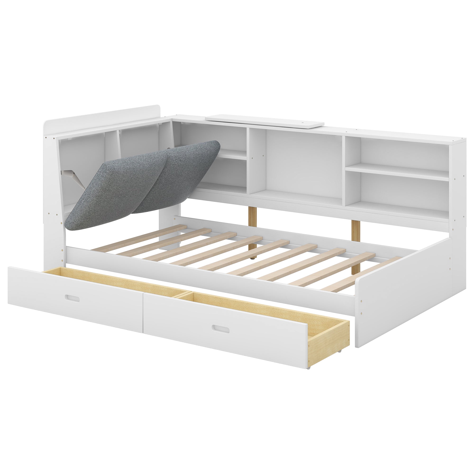 Twin Platform Bed with Bookcase Headboard and Drawer