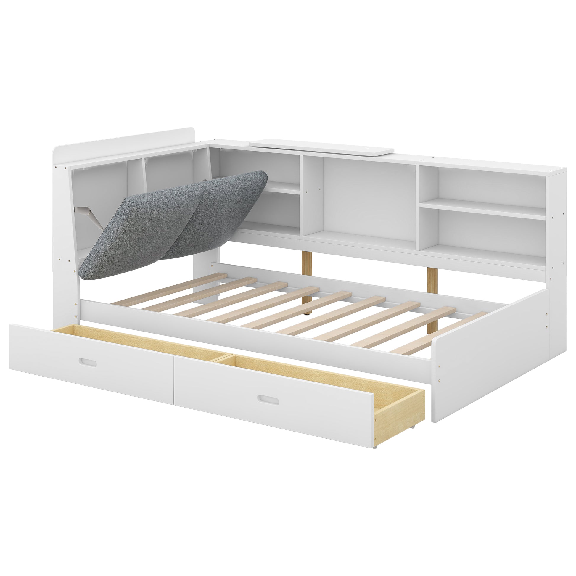 Twin Platform Bed with Bookcase Headboard and Drawer