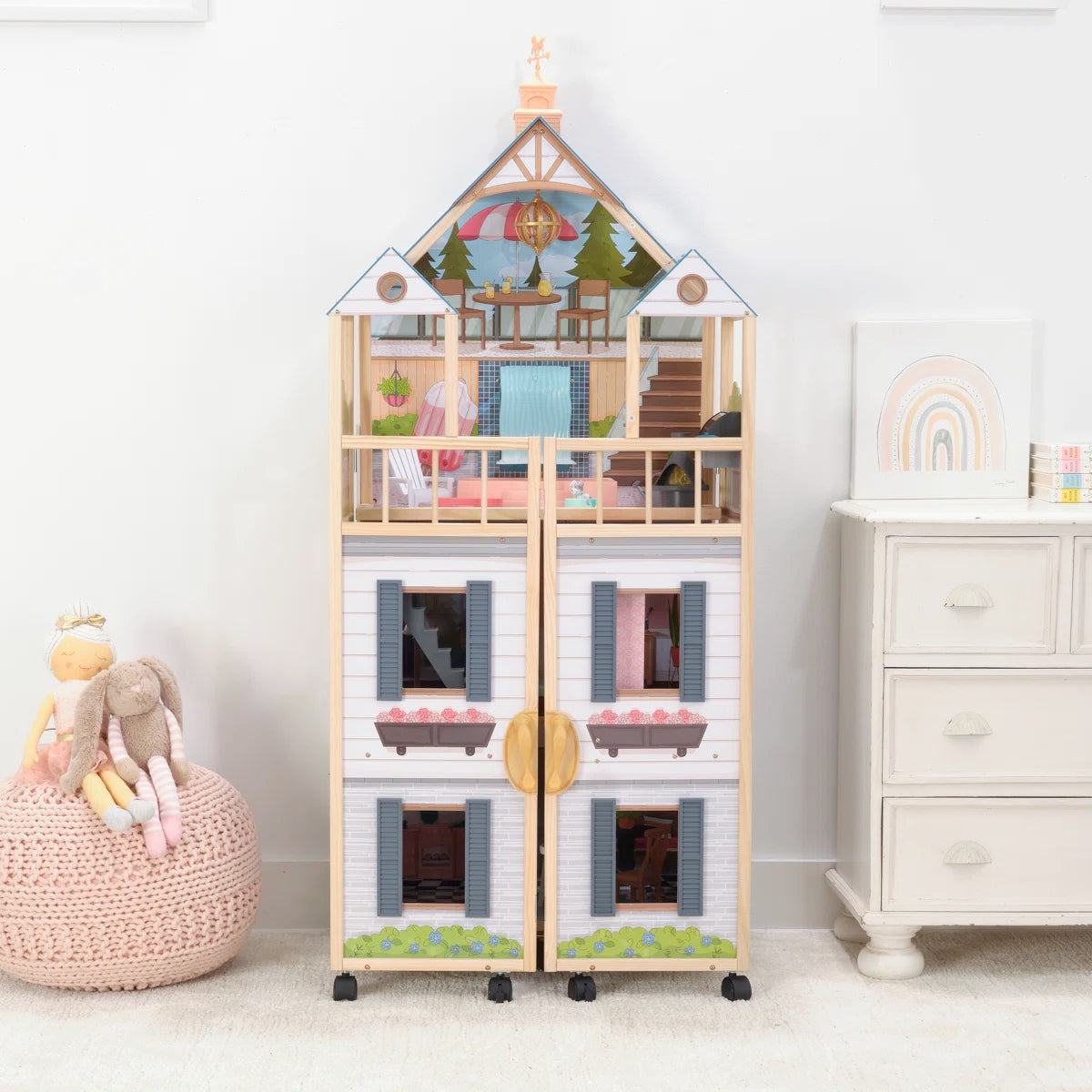 5-Foot Folding Wooden Dollhouse on Wheels