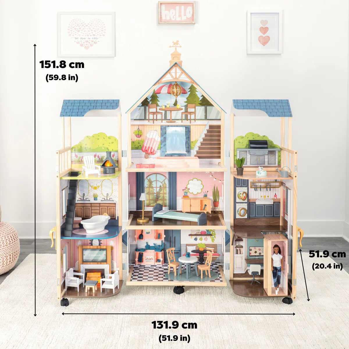 5-Foot Folding Wooden Dollhouse on Wheels