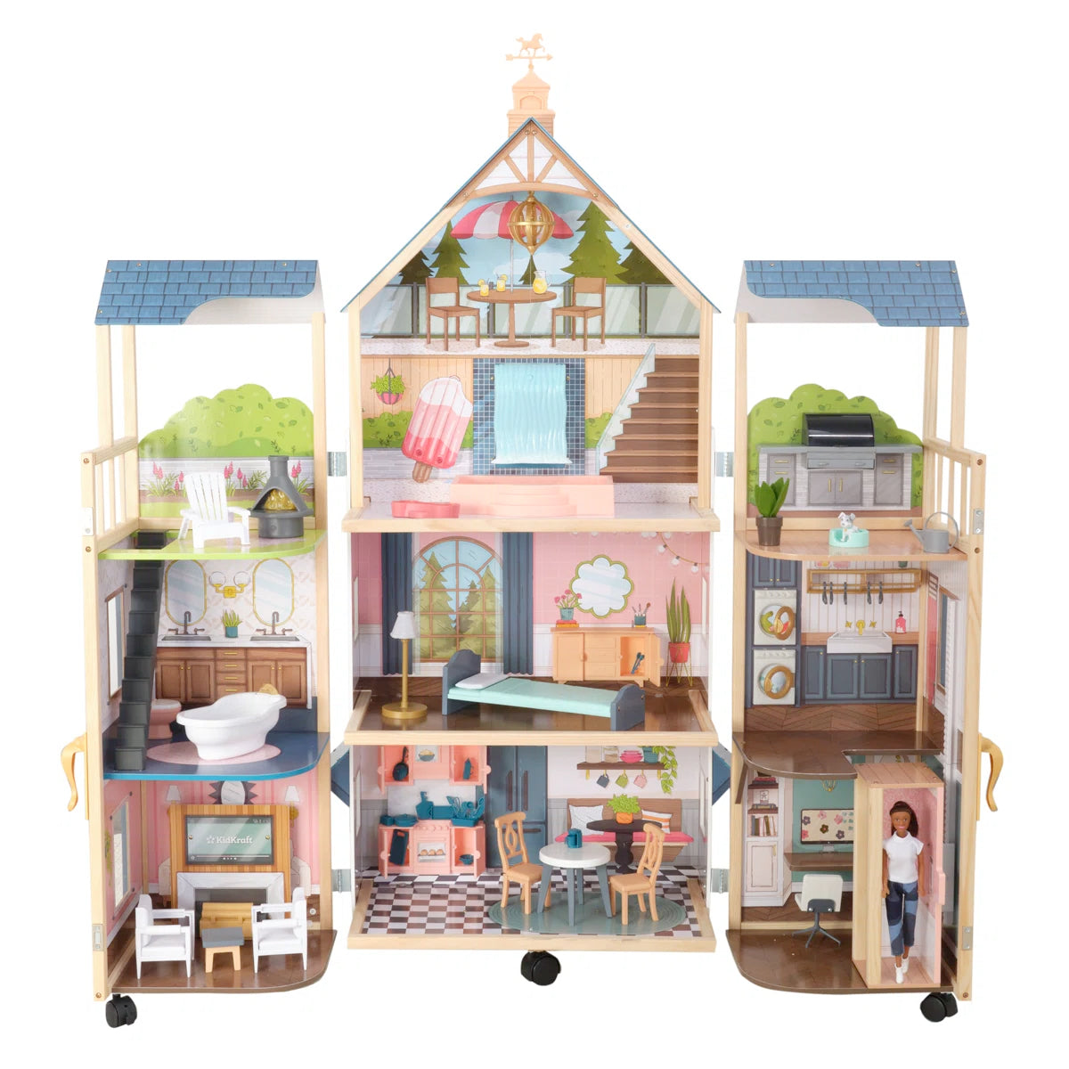 5-Foot Folding Wooden Dollhouse on Wheels