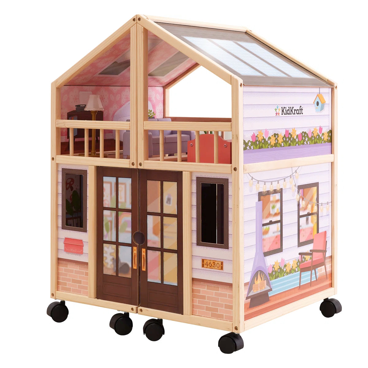 29-Piece Foldable Wooden Dollhouse on Wheels
