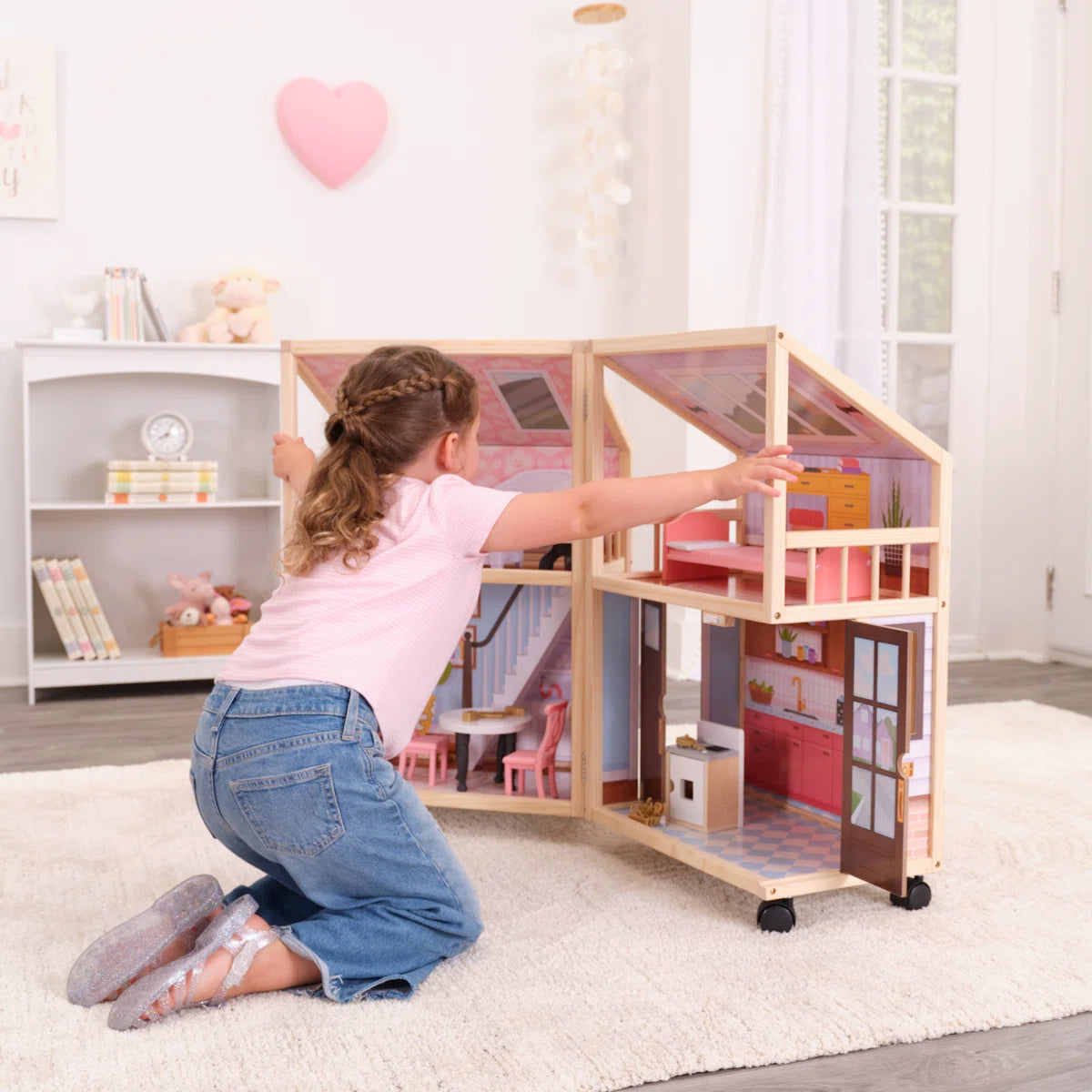 29-Piece Foldable Wooden Dollhouse on Wheels