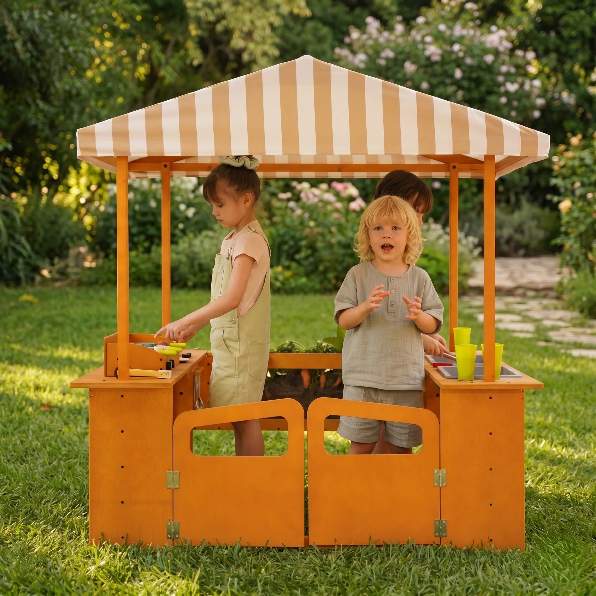 Wooden Outdoor Play Market with Canopy, Mud Kitchen, Grill & Root Viewer