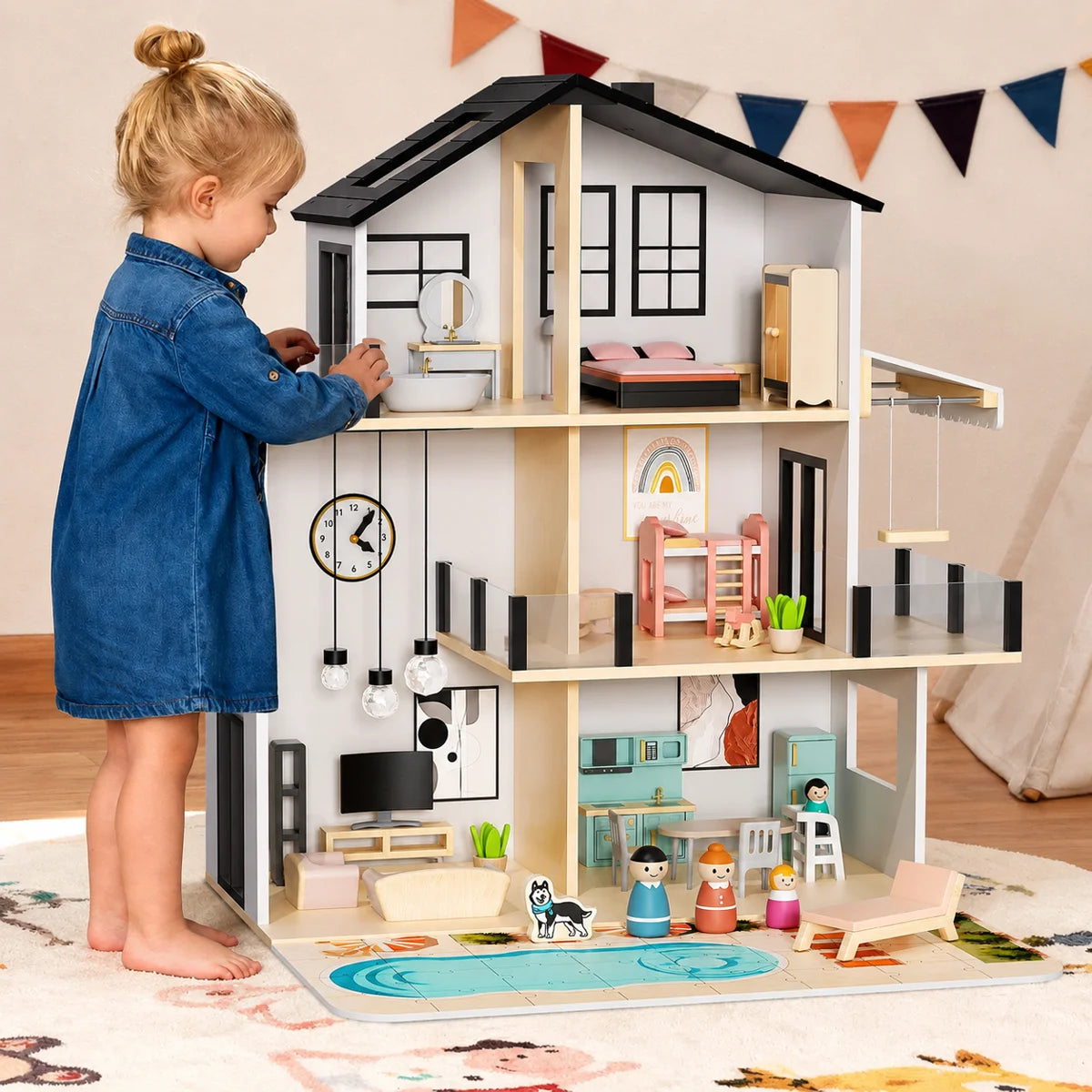 Modern Wooden Dollhouse with 49-Piece Furniture Set