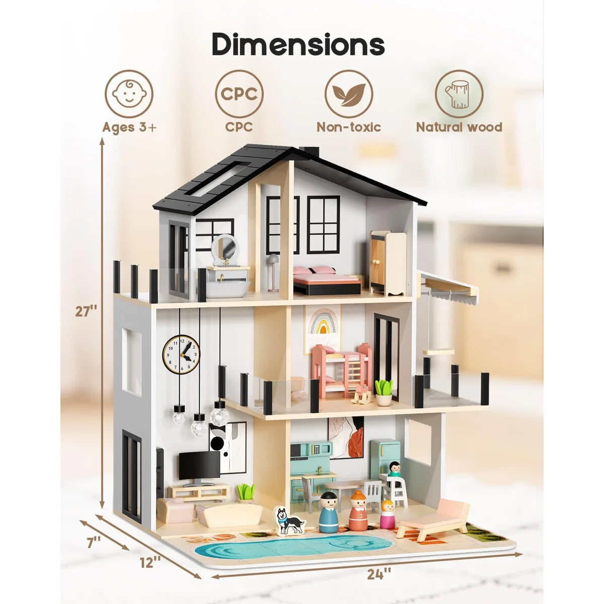 Modern Wooden Dollhouse with 49-Piece Furniture Set