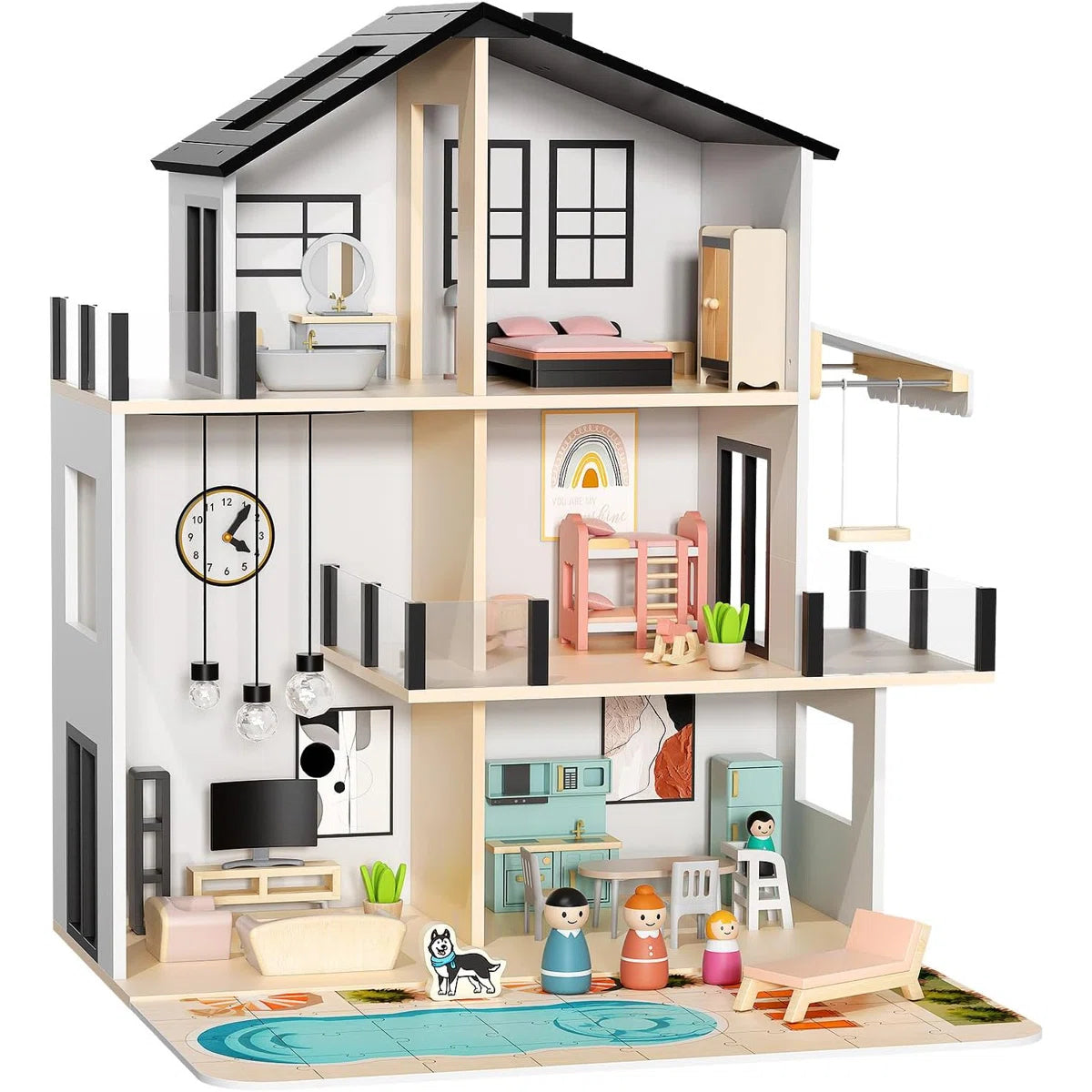 Modern Wooden Dollhouse with 49-Piece Furniture Set
