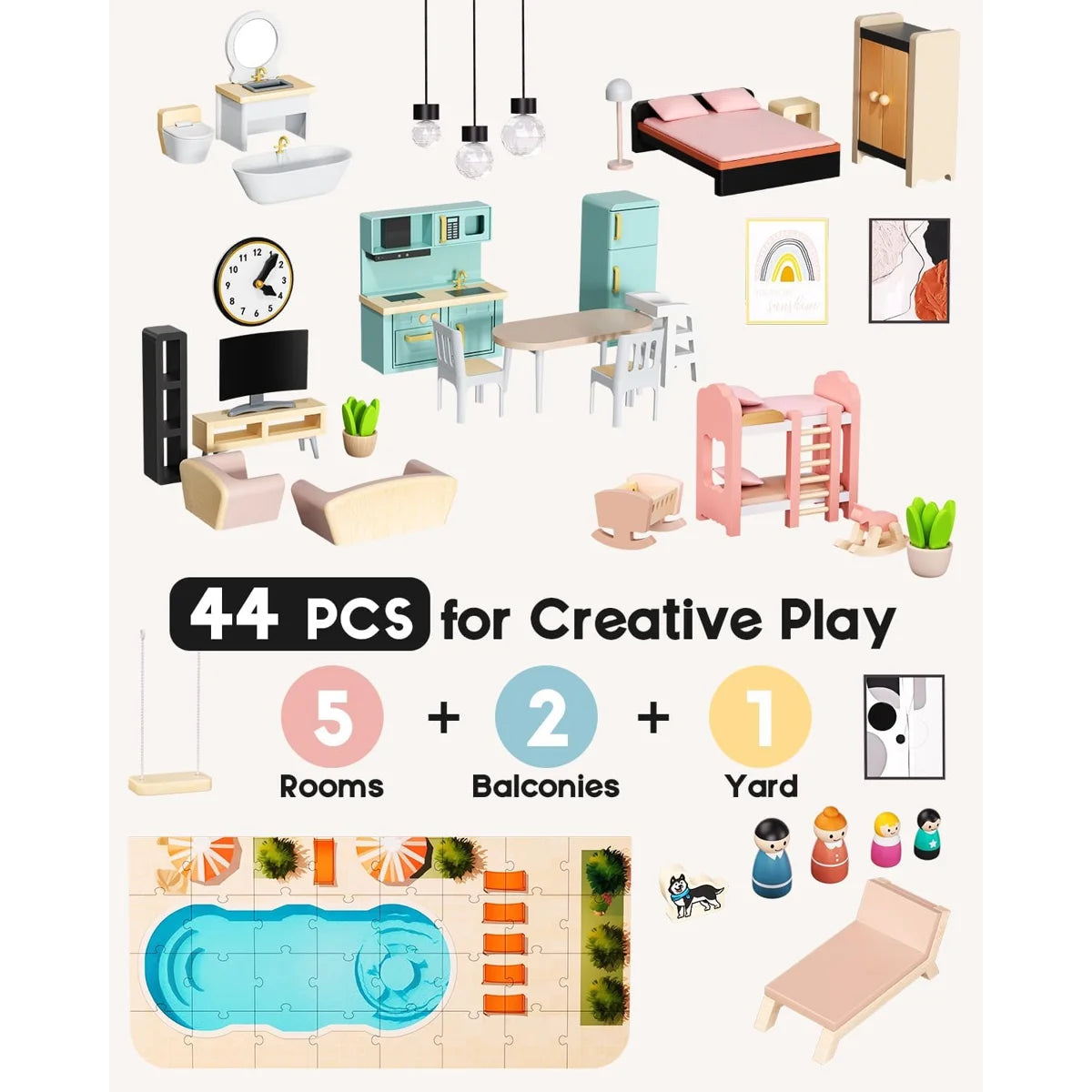 Modern Wooden Dollhouse with 49-Piece Furniture Set
