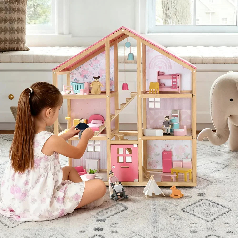 Classic 3-Story Wooden Dollhouse with 31-Piece Furniture