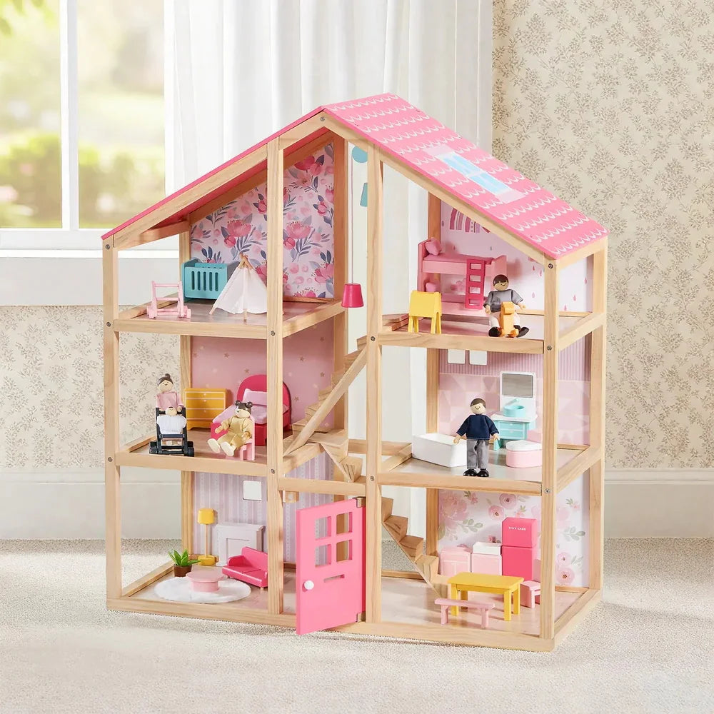 Classic 3-Story Wooden Dollhouse with 31-Piece Furniture
