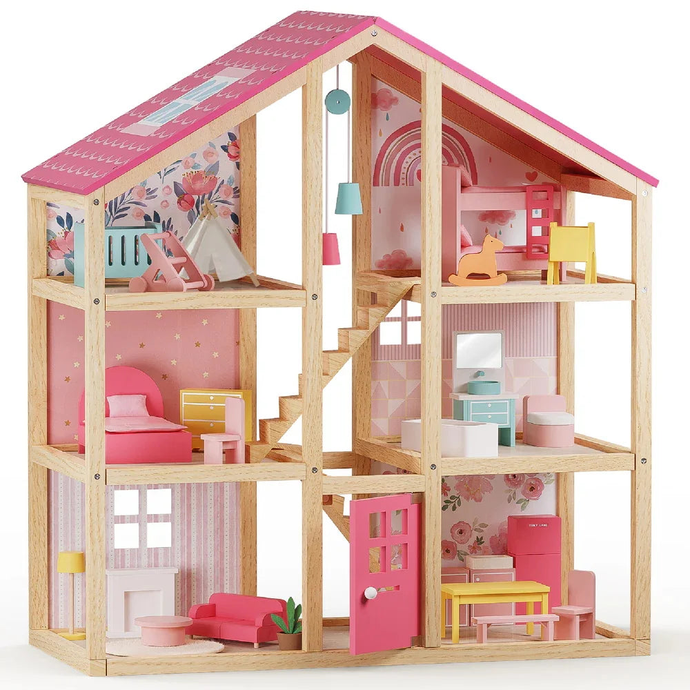 Classic 3-Story Wooden Dollhouse with 31-Piece Furniture
