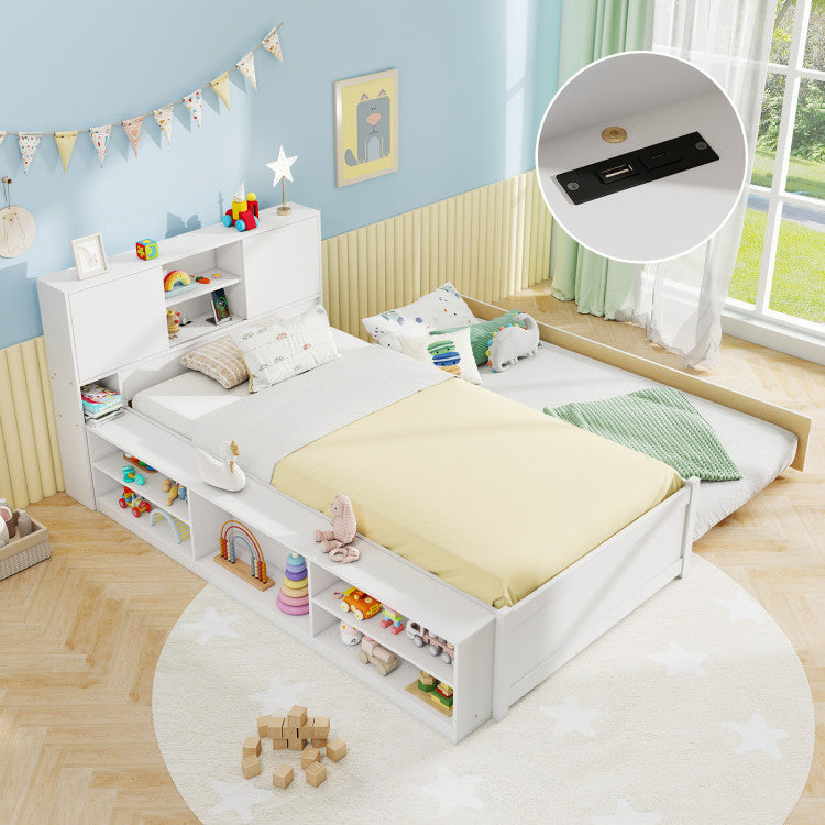 Twin Bed Frame with Trundle & Storage Headboard