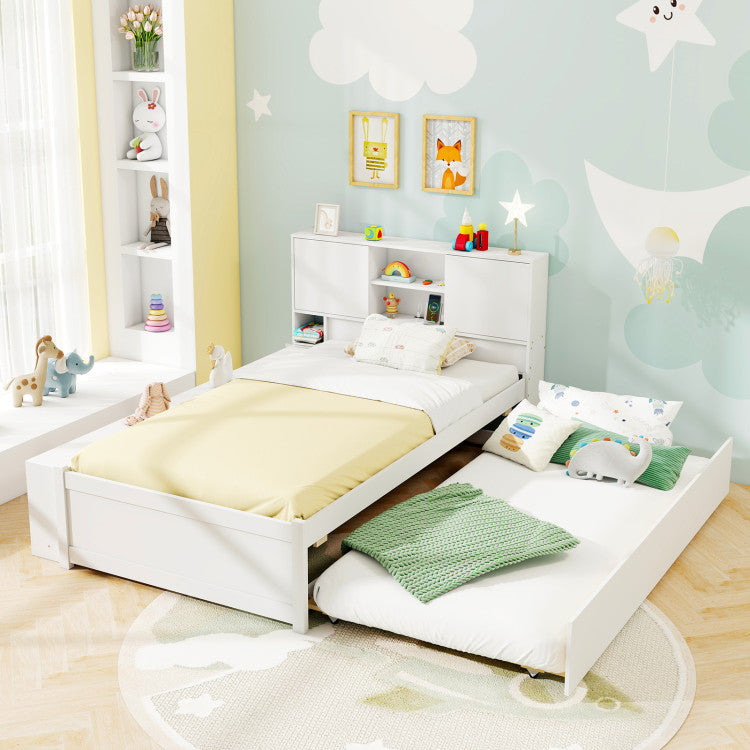 Twin Bed Frame with Trundle & Storage Headboard