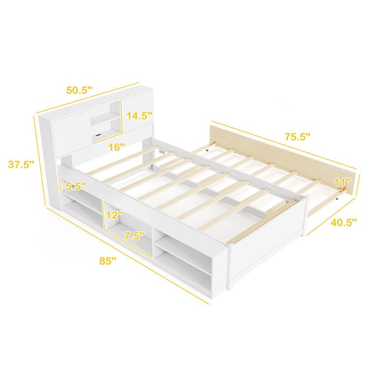 Twin Bed Frame with Trundle & Storage Headboard
