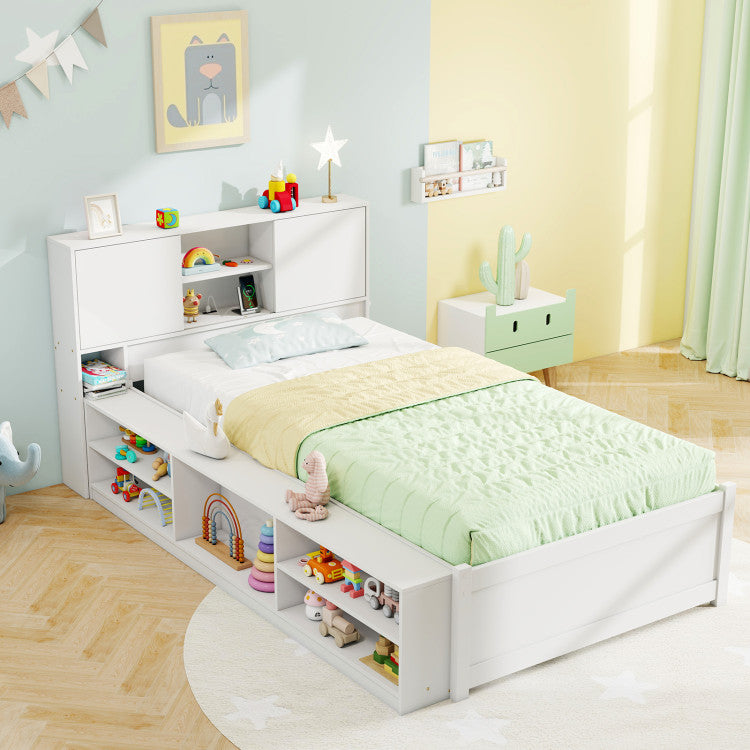 Twin Bed Frame with Trundle & Storage Headboard