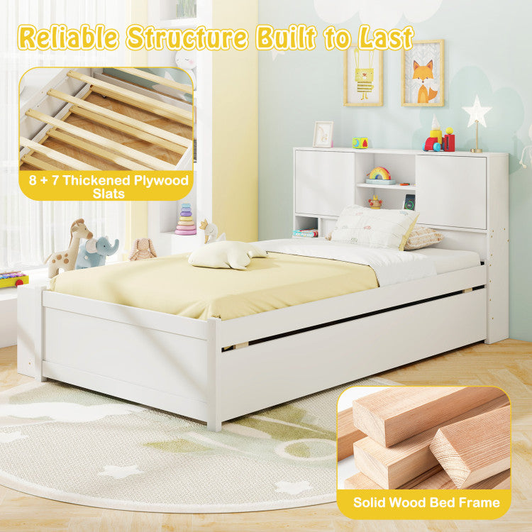 Twin Bed Frame with Trundle & Storage Headboard