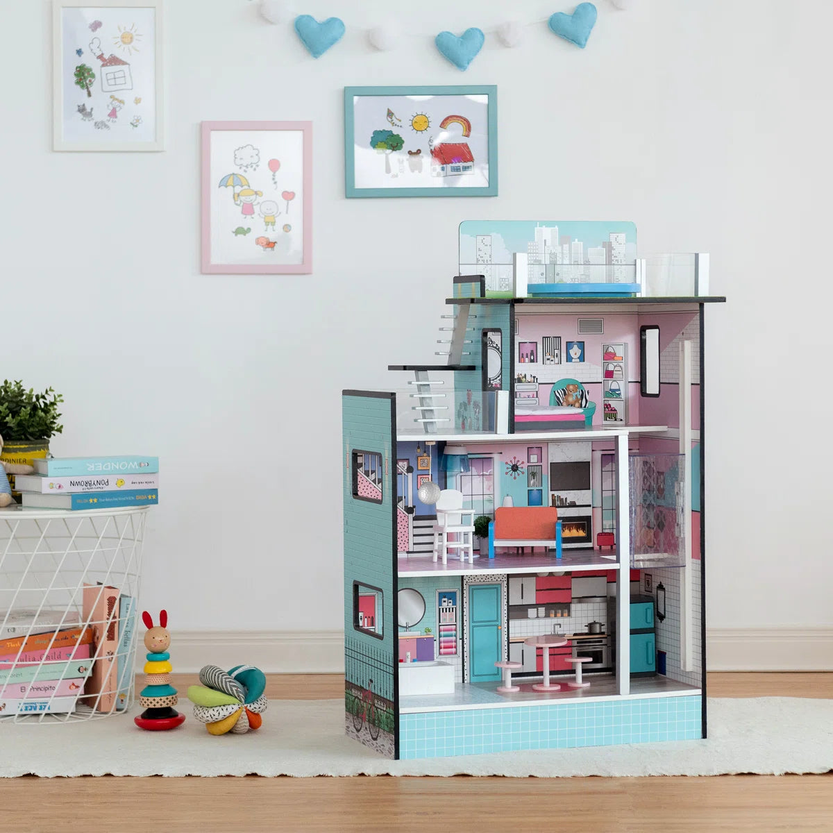 Modern 3-Story Wooden Dollhouse with Working Elevator & Rooftop Pool