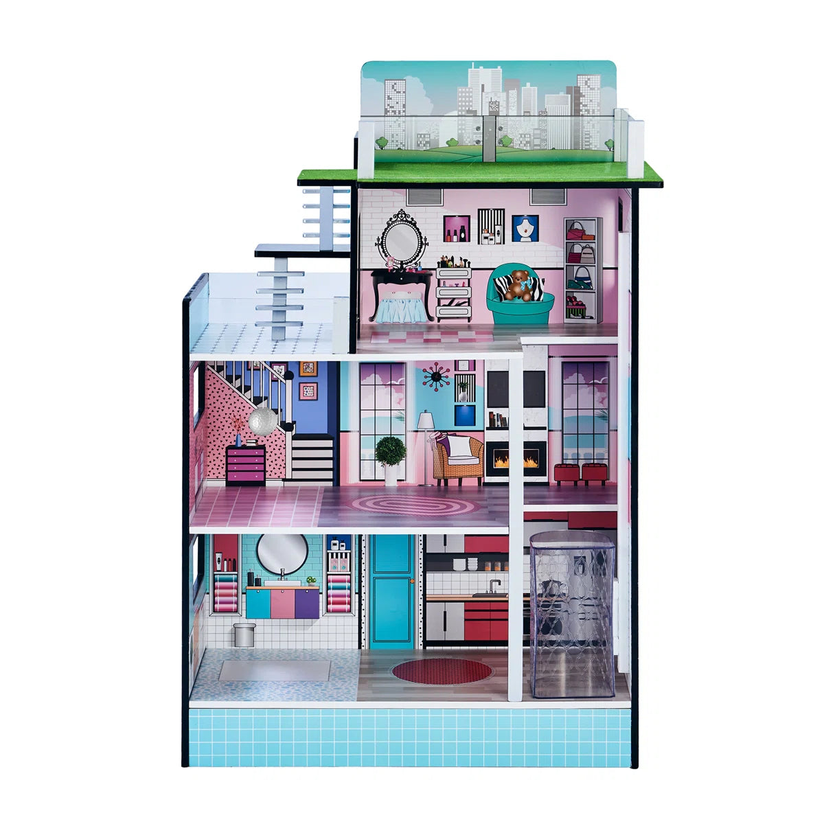 Modern 3-Story Wooden Dollhouse with Working Elevator & Rooftop Pool