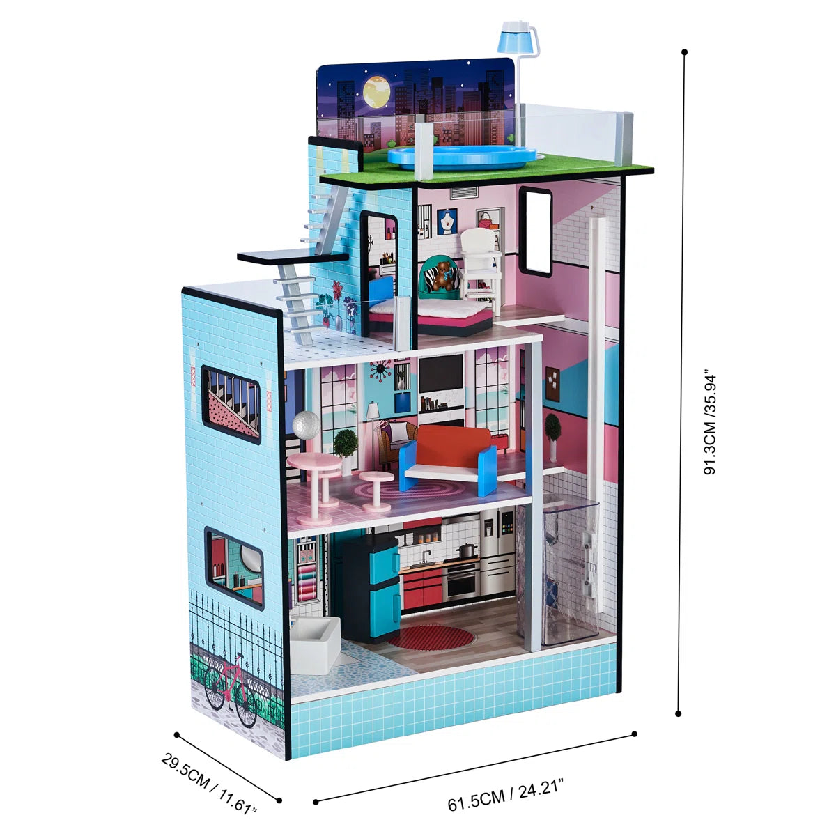 Modern 3-Story Wooden Dollhouse with Working Elevator & Rooftop Pool