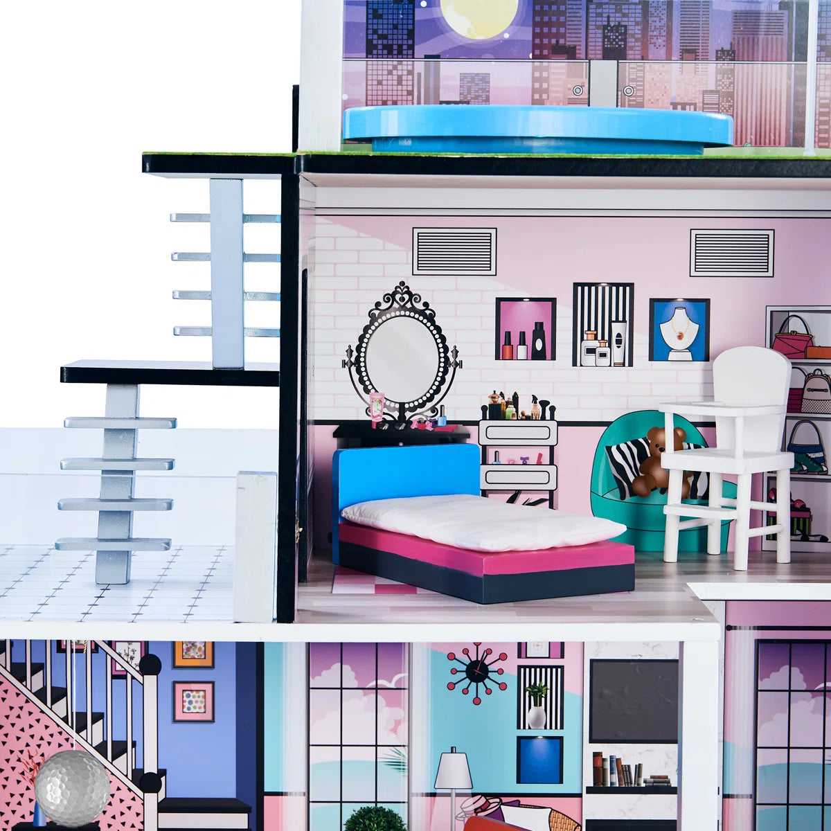 Modern 3-Story Wooden Dollhouse with Working Elevator & Rooftop Pool