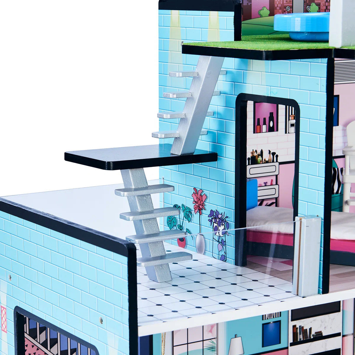 Modern 3-Story Wooden Dollhouse with Working Elevator & Rooftop Pool