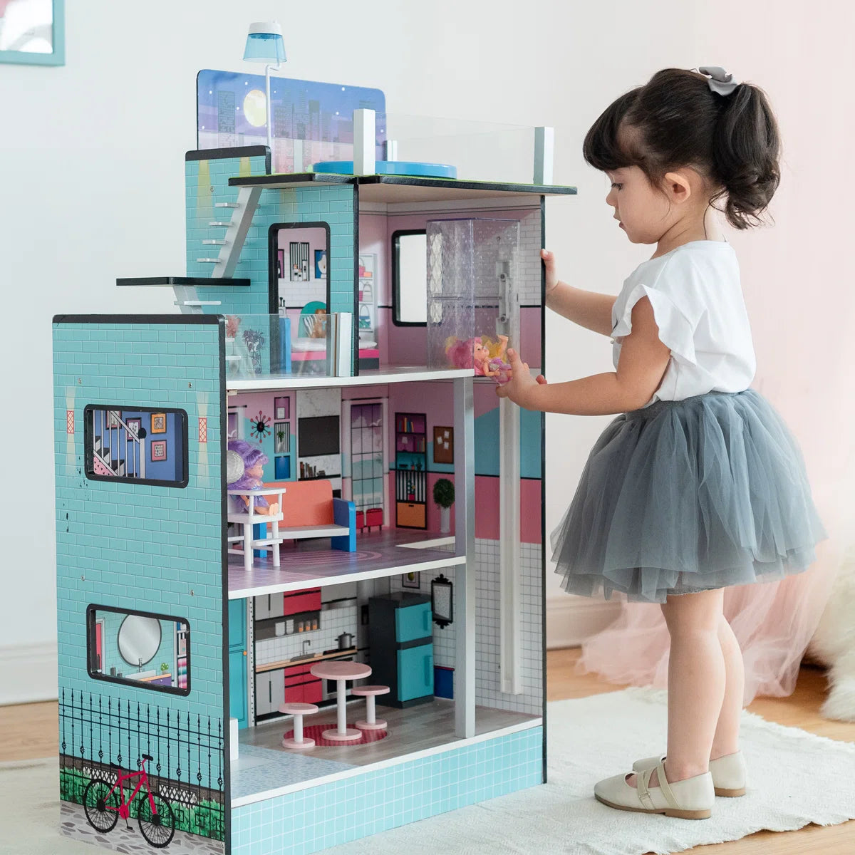 Modern 3-Story Wooden Dollhouse with Working Elevator & Rooftop Pool