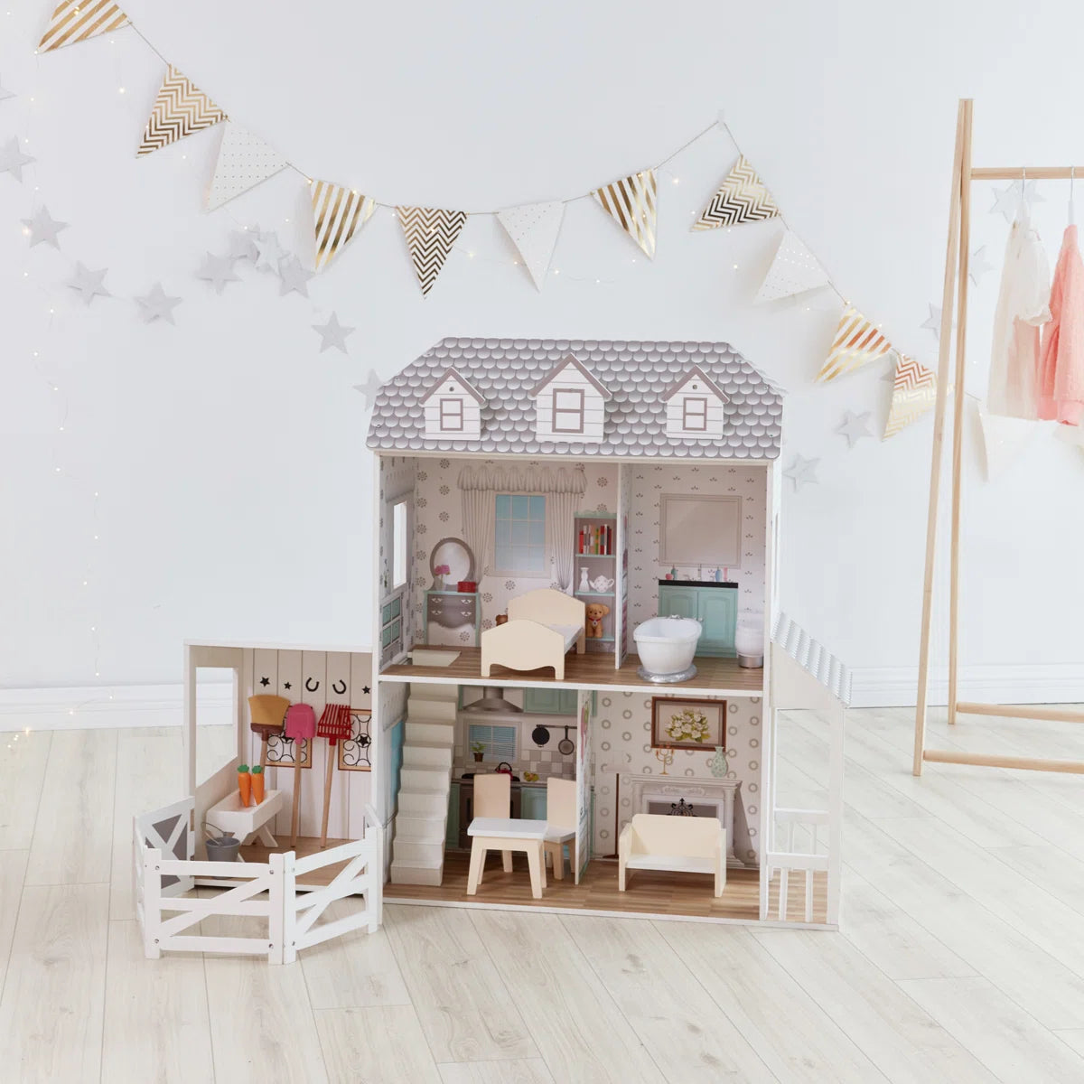 3-Story Open Layout Modern Farmhouse Wooden Dollhouse