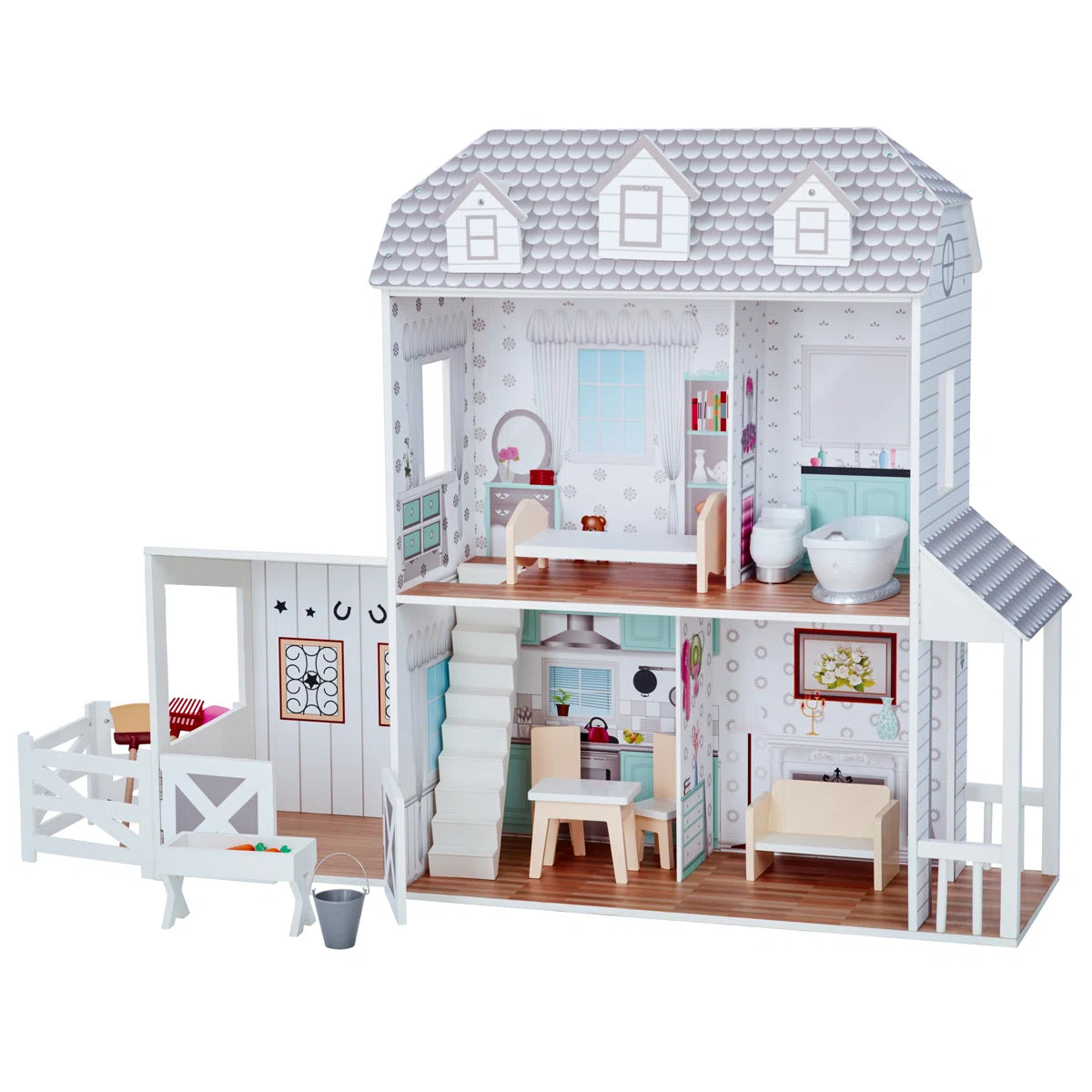 3-Story Open Layout Modern Farmhouse Wooden Dollhouse