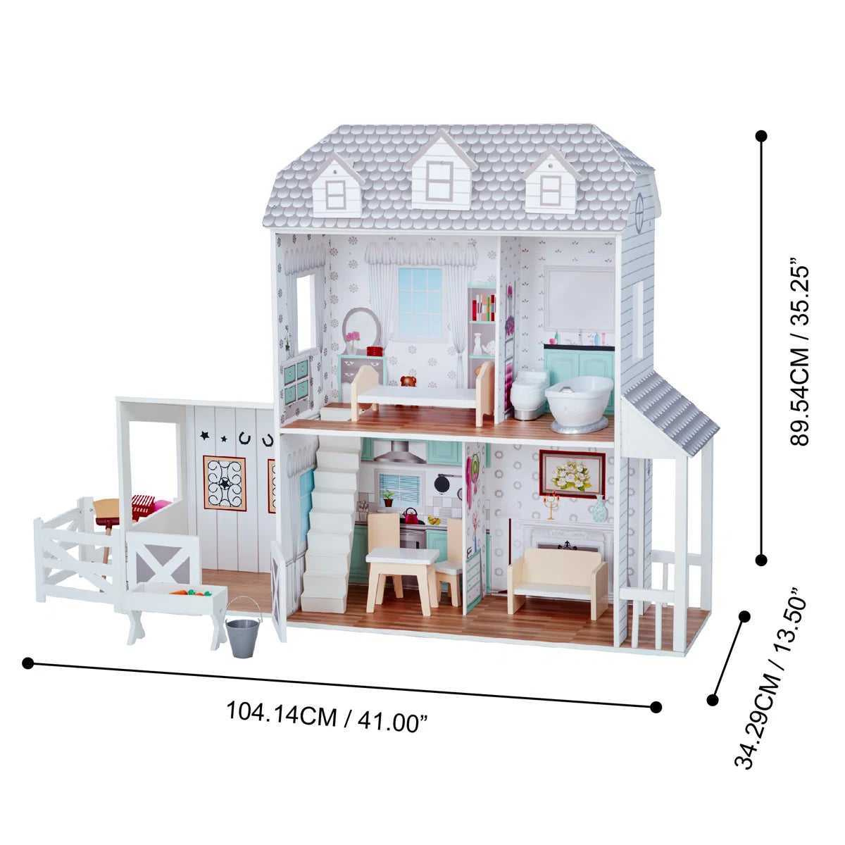 3-Story Open Layout Modern Farmhouse Wooden Dollhouse