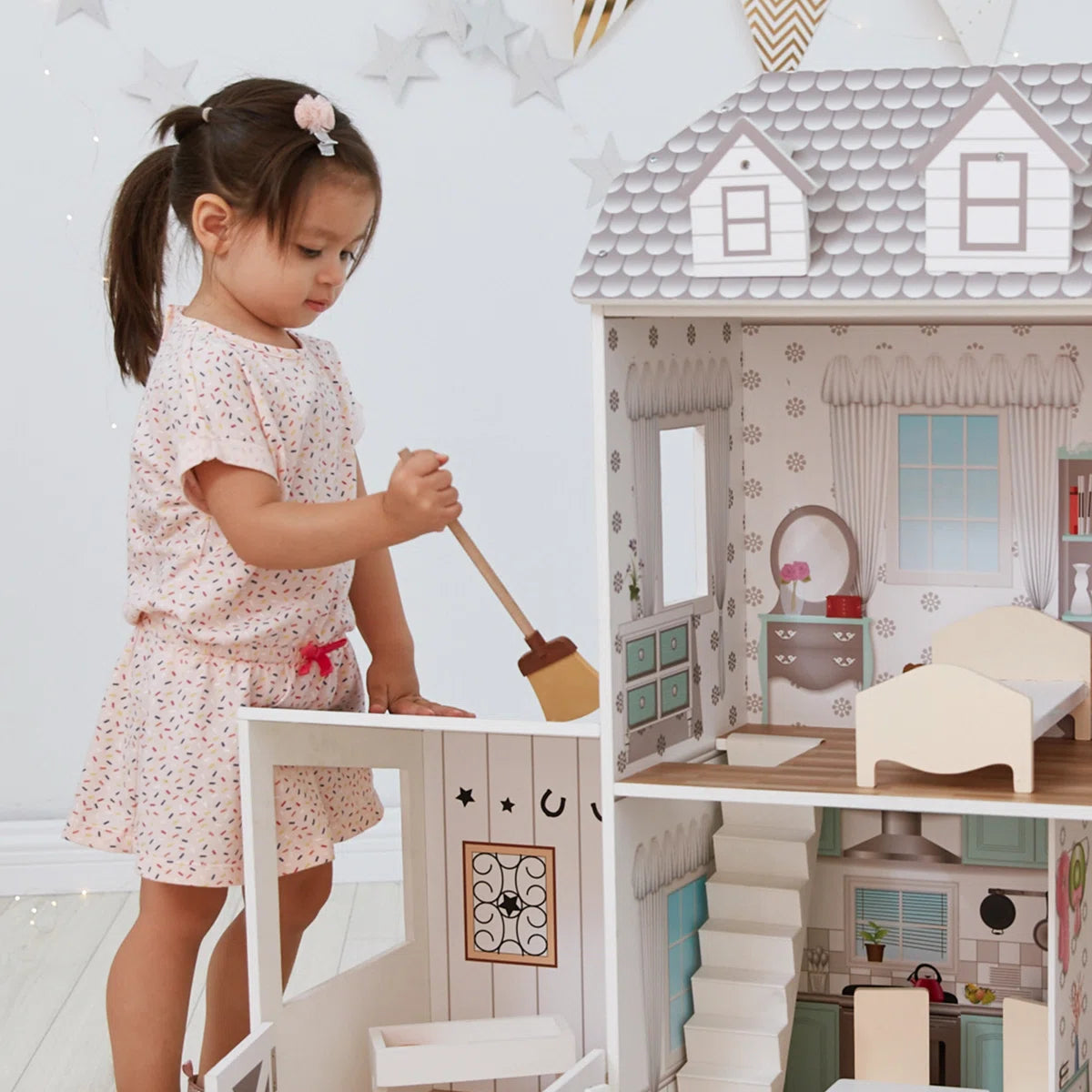 3-Story Open Layout Modern Farmhouse Wooden Dollhouse