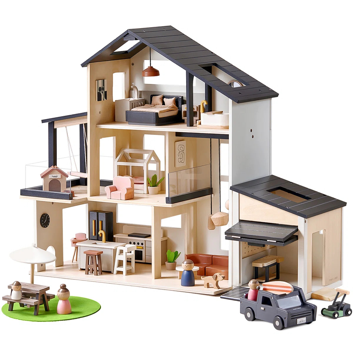 Modern Wooden Dollhouse with Garage