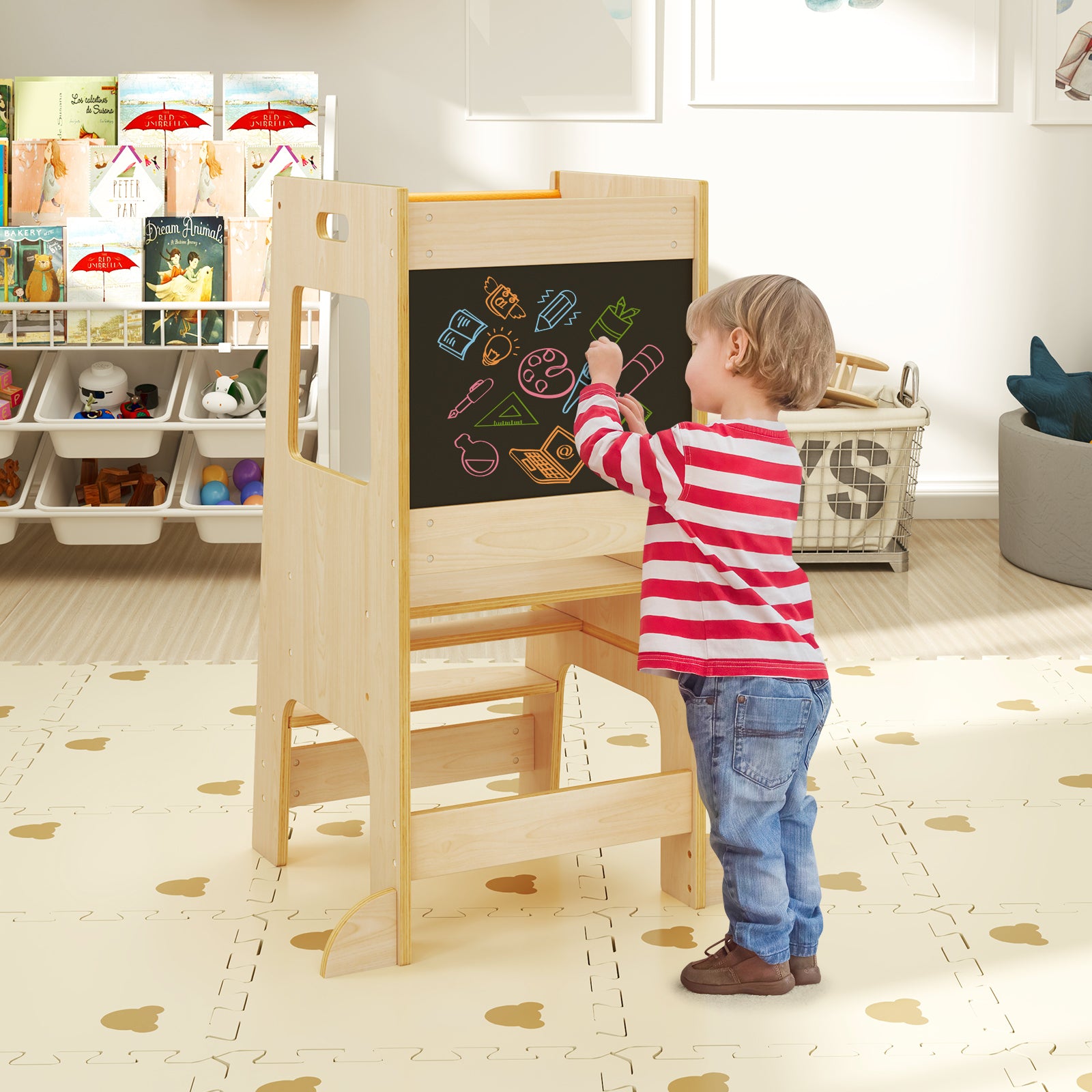 Toddler Kitchen Step Stool with Activity Chalkboard