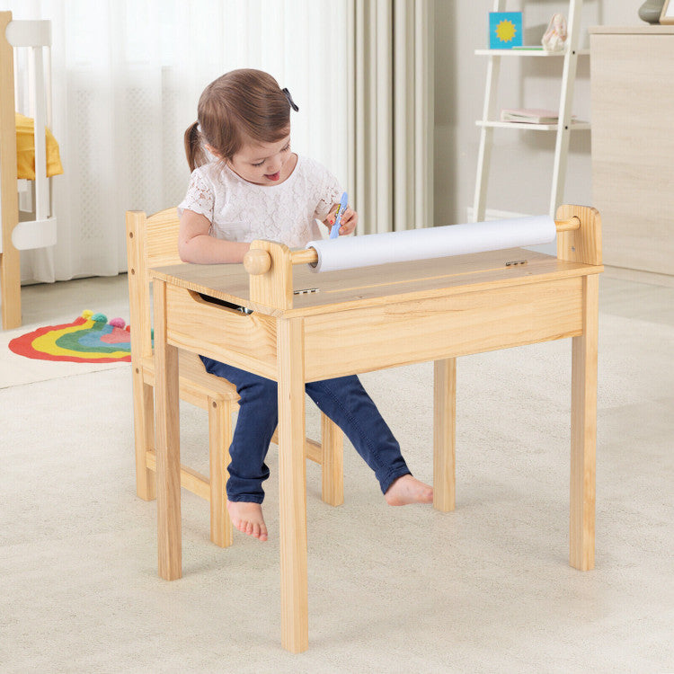 Wooden Kids Play Table with Paper Roll Holder