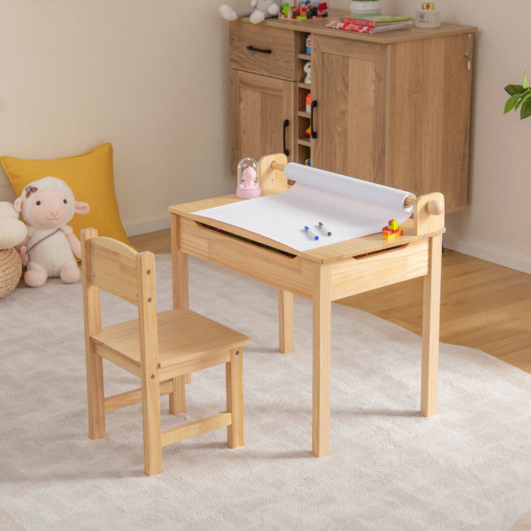 Wooden Kids Play Table with Paper Roll Holder