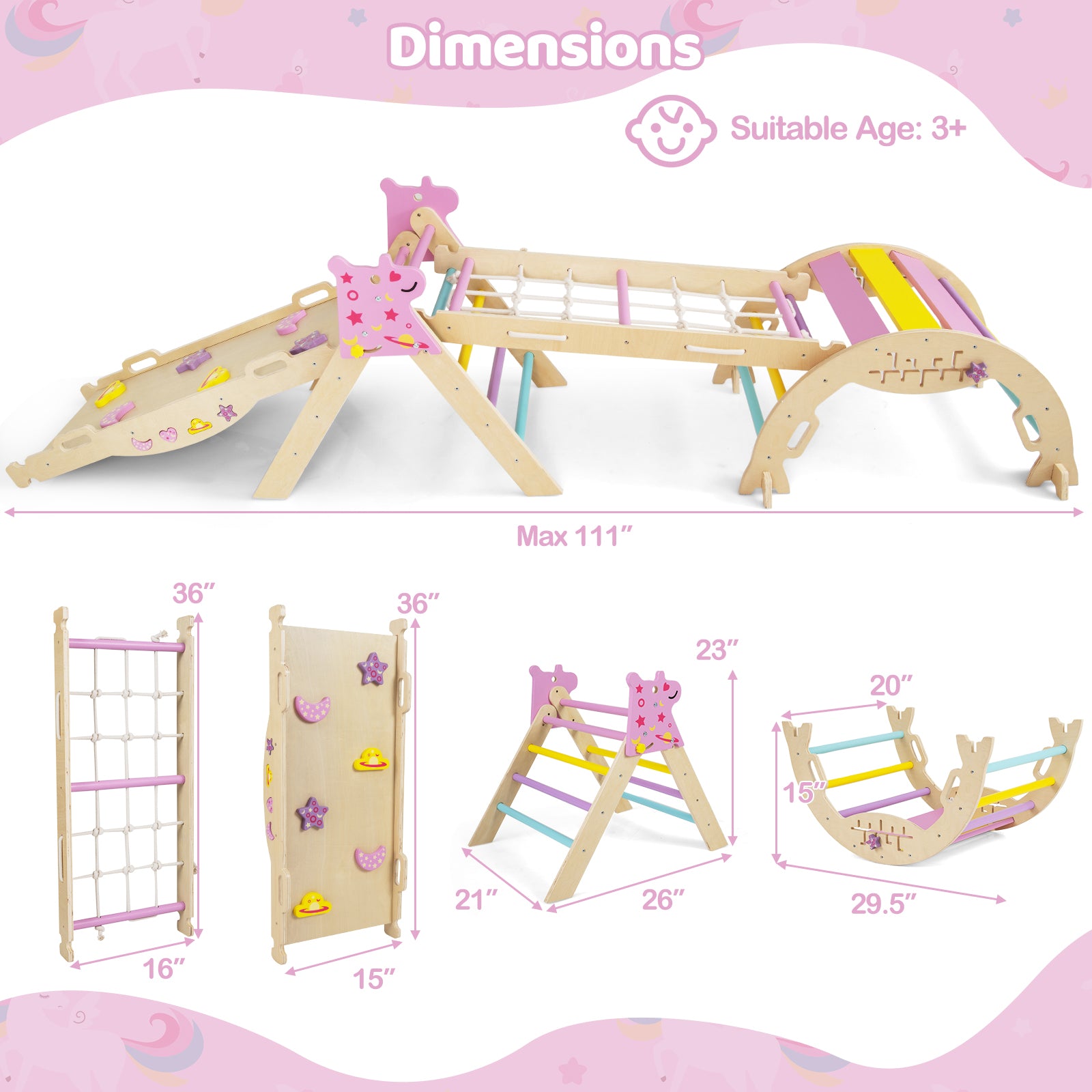 Unicorn Theme Foldable Wooden Climbing Set