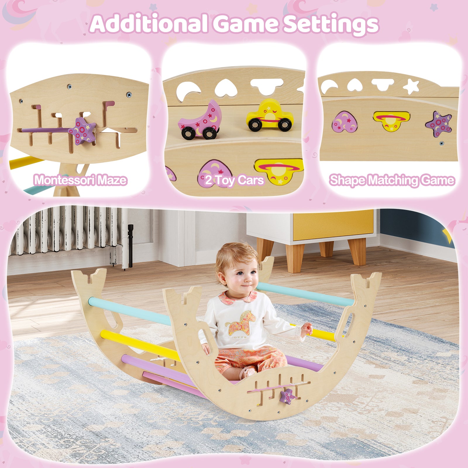 Unicorn Theme Foldable Wooden Climbing Set
