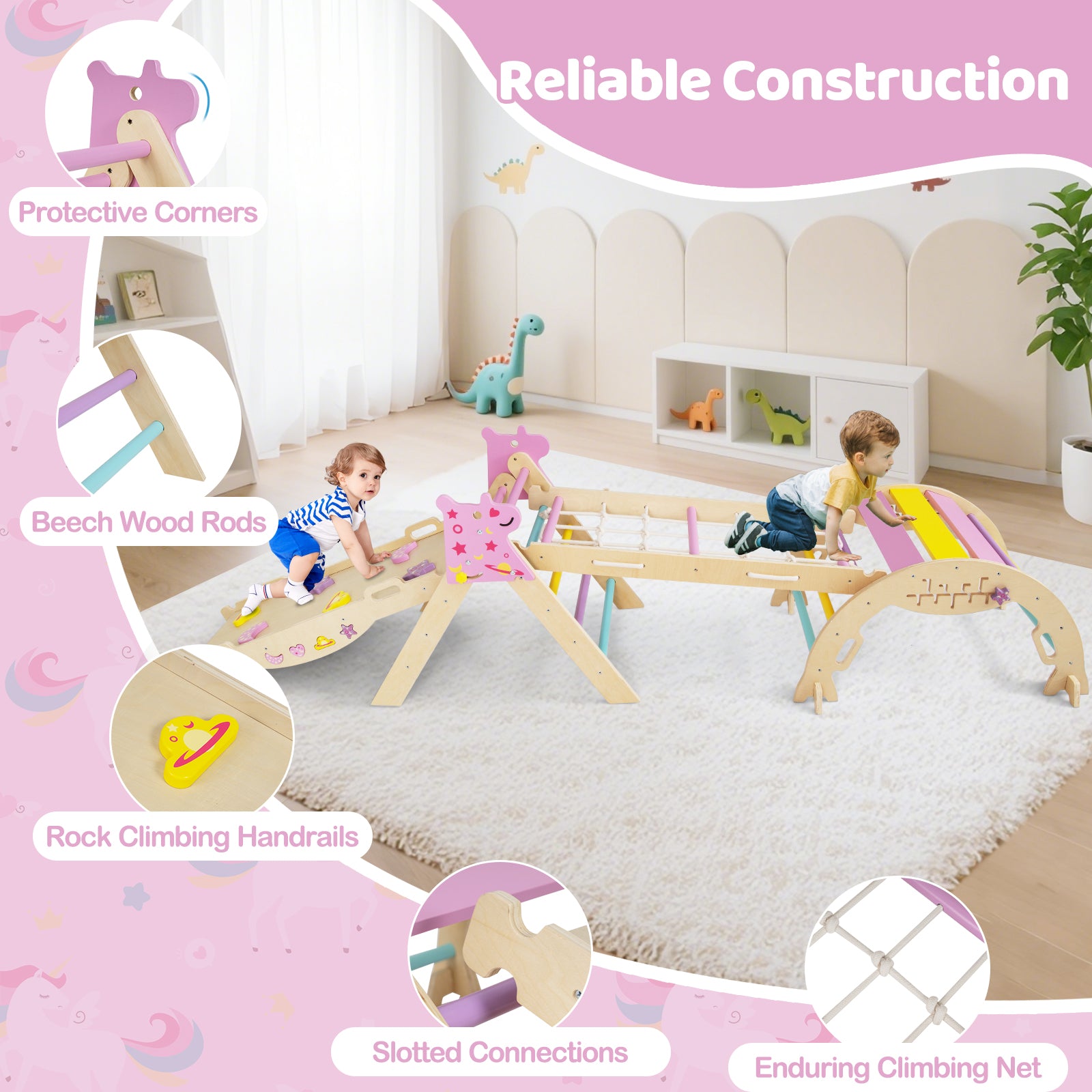 Unicorn Theme Foldable Wooden Climbing Set