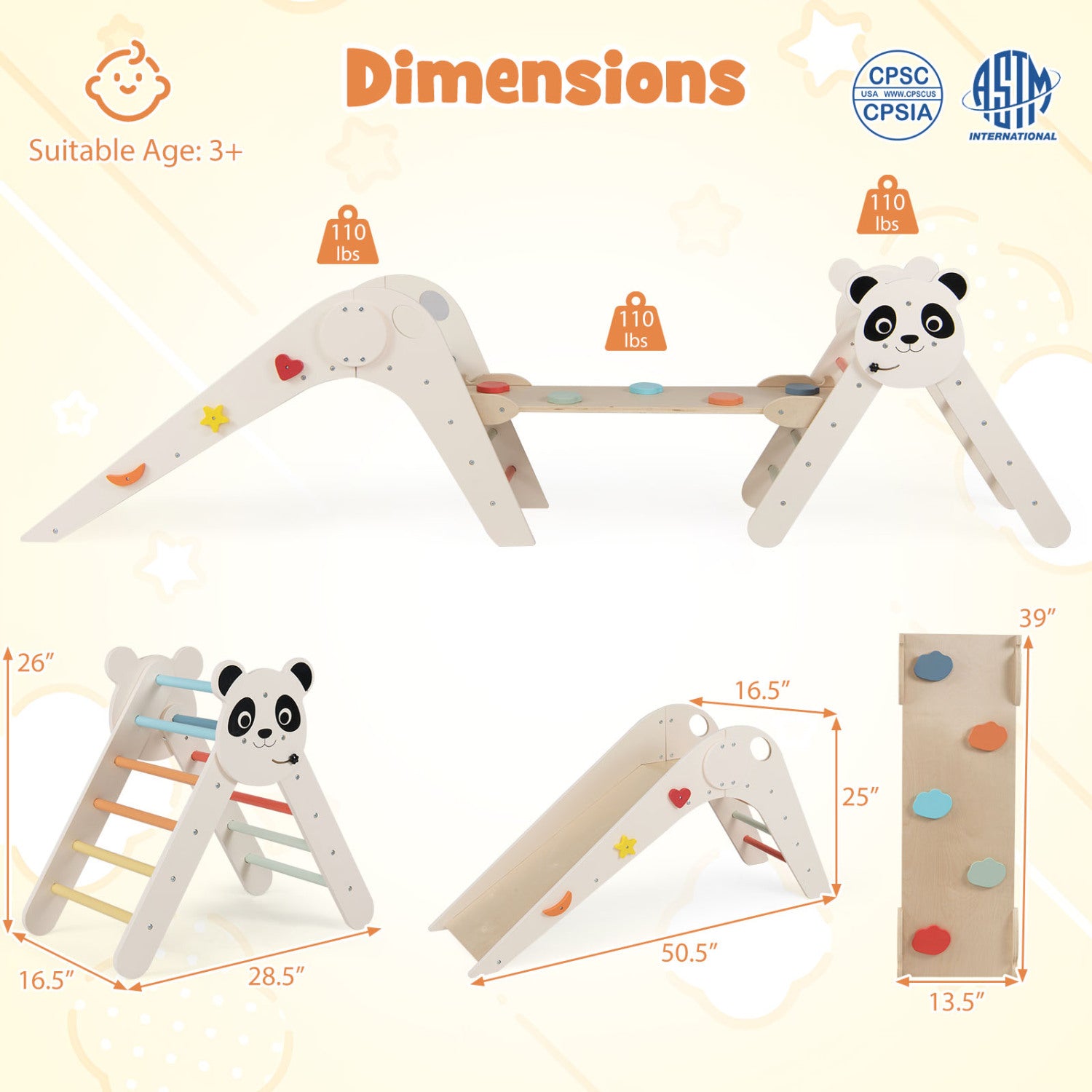Panda Themed Foldable Wooden Climbing Triangle Set